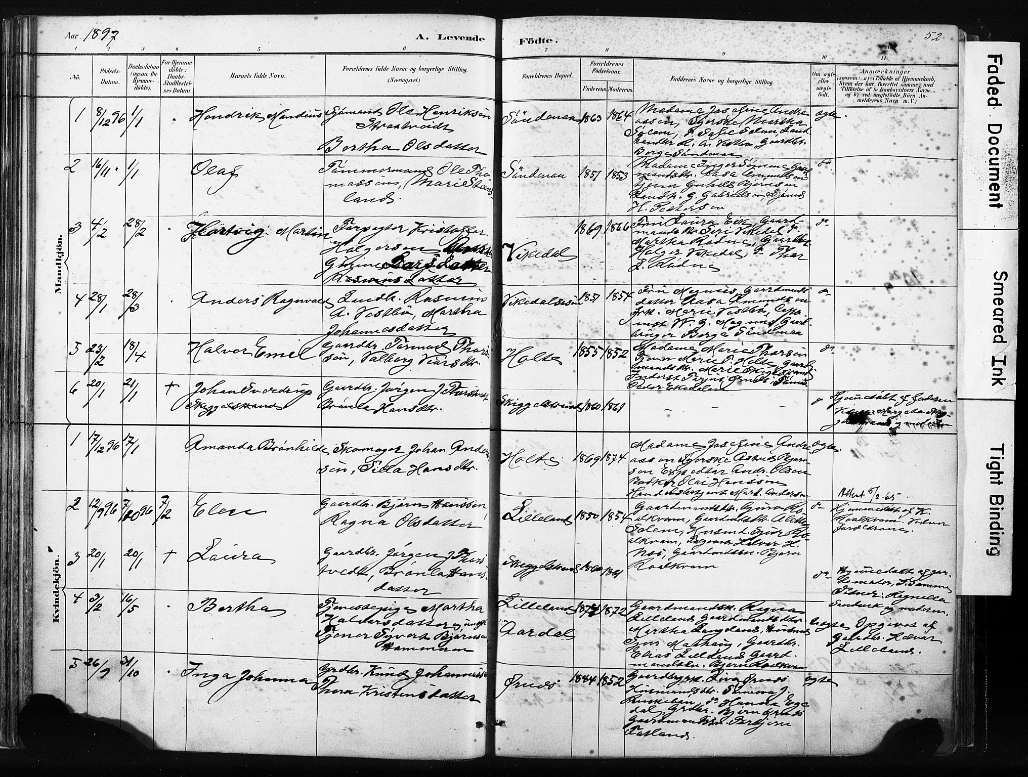 Vikedal sokneprestkontor, AV/SAST-A-101840/01/IV: Parish register (official) no. A 10, 1884-1907, p. 52