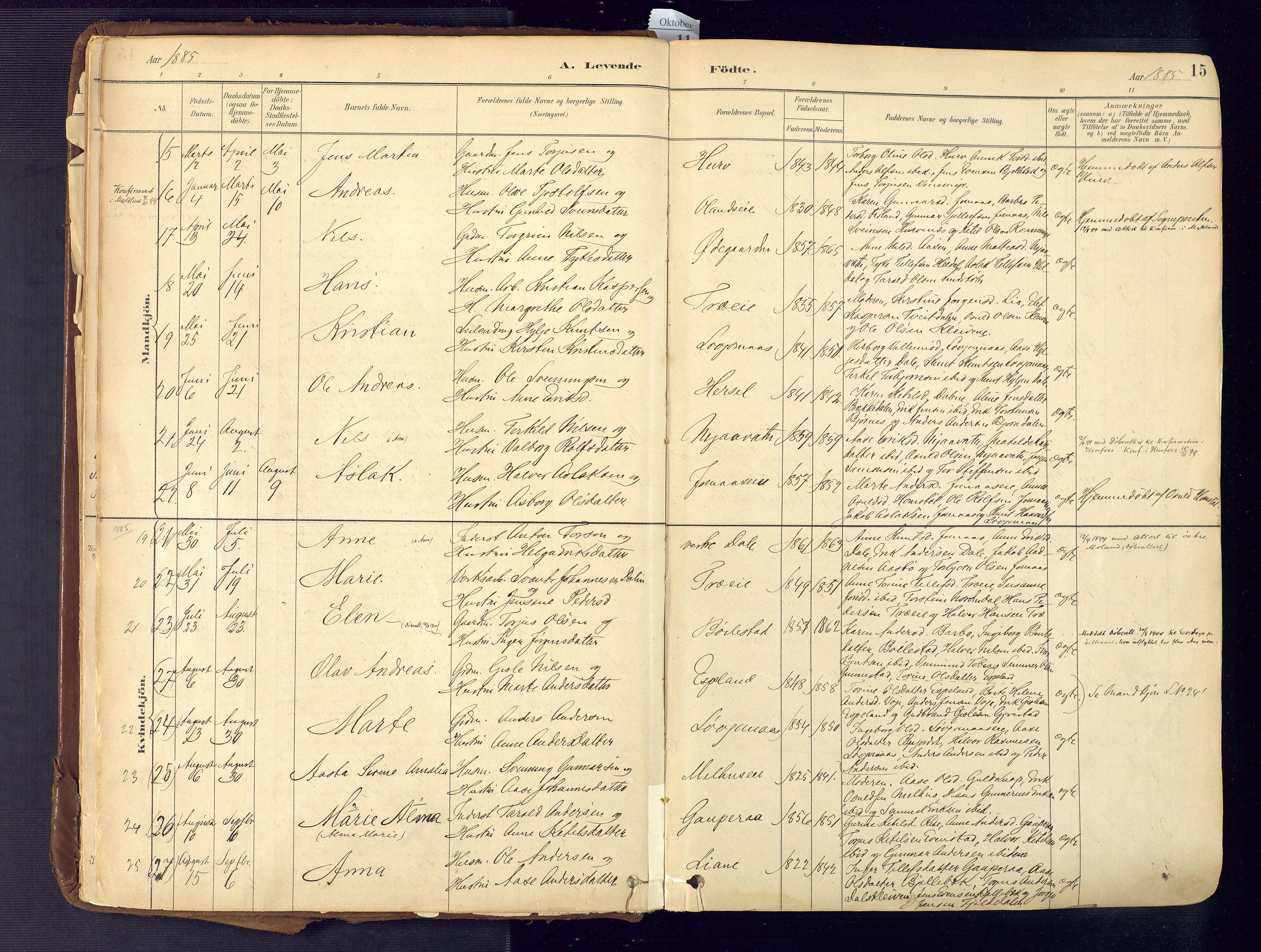 Froland sokneprestkontor, AV/SAK-1111-0013/F/Fa/L0005: Parish register (official) no. A 5, 1882-1921, p. 15