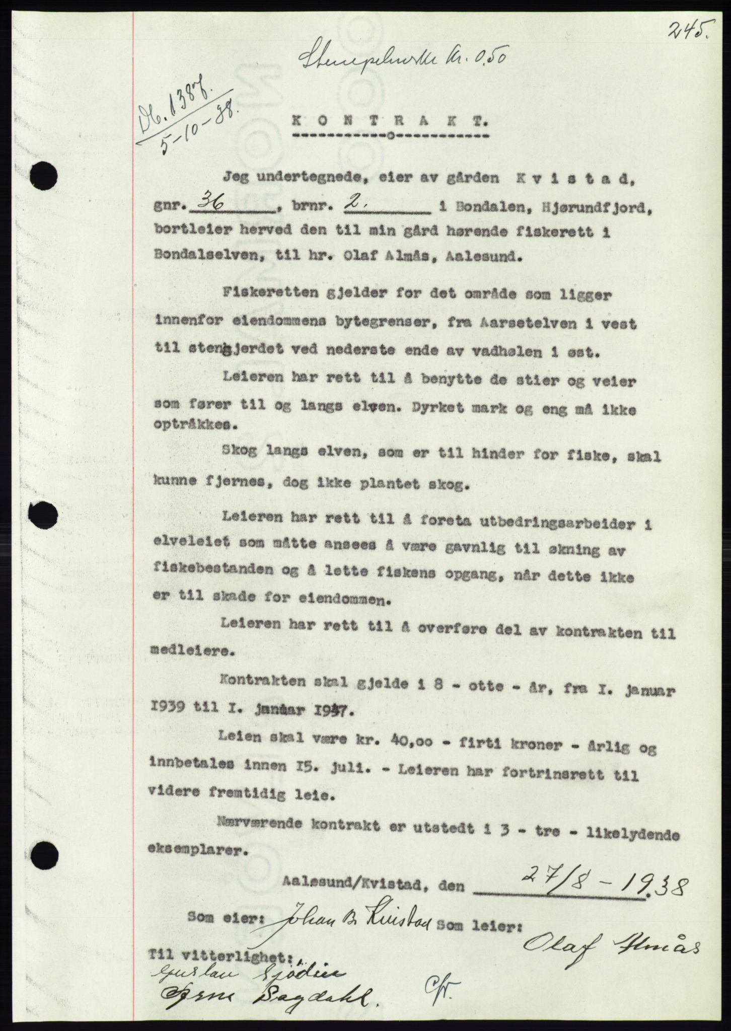 Søre Sunnmøre sorenskriveri, AV/SAT-A-4122/1/2/2C/L0066: Mortgage book no. 60, 1938-1938, Diary no: : 1387/1938