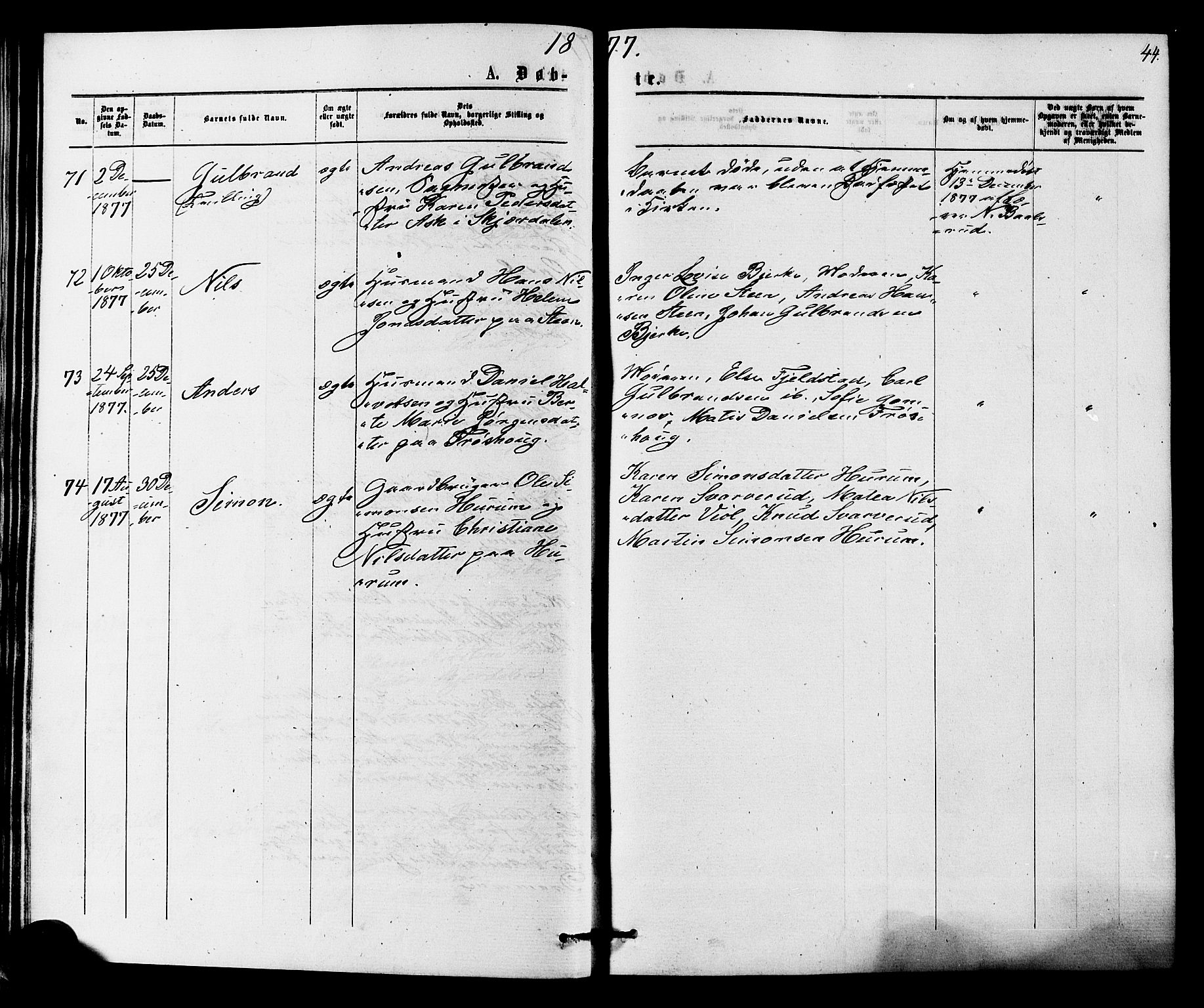 Hole kirkebøker, AV/SAKO-A-228/F/Fa/L0007: Parish register (official) no. I 7, 1873-1877, p. 44