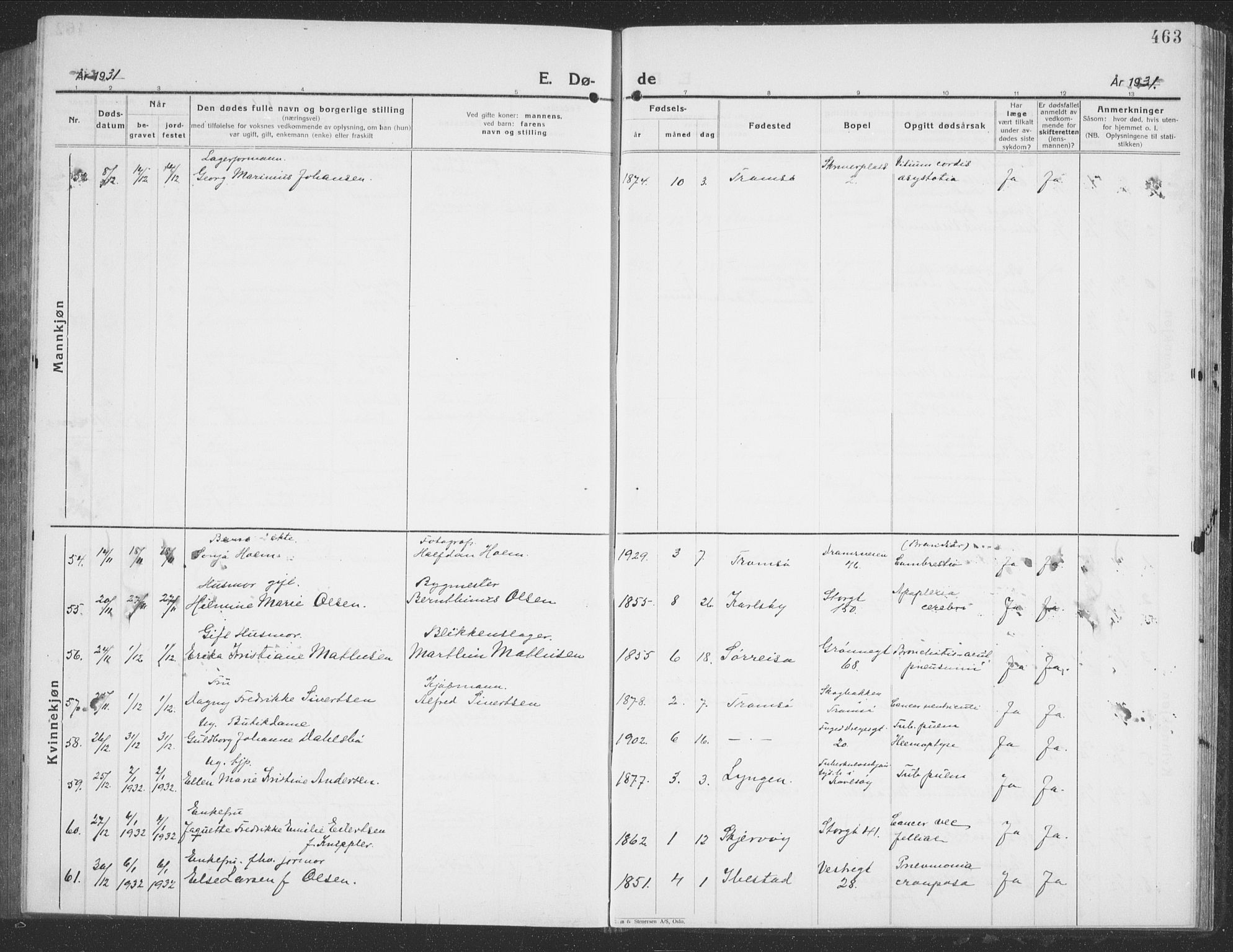 Tromsø sokneprestkontor/stiftsprosti/domprosti, AV/SATØ-S-1343/G/Gb/L0010klokker: Parish register (copy) no. 10, 1925-1937, p. 463