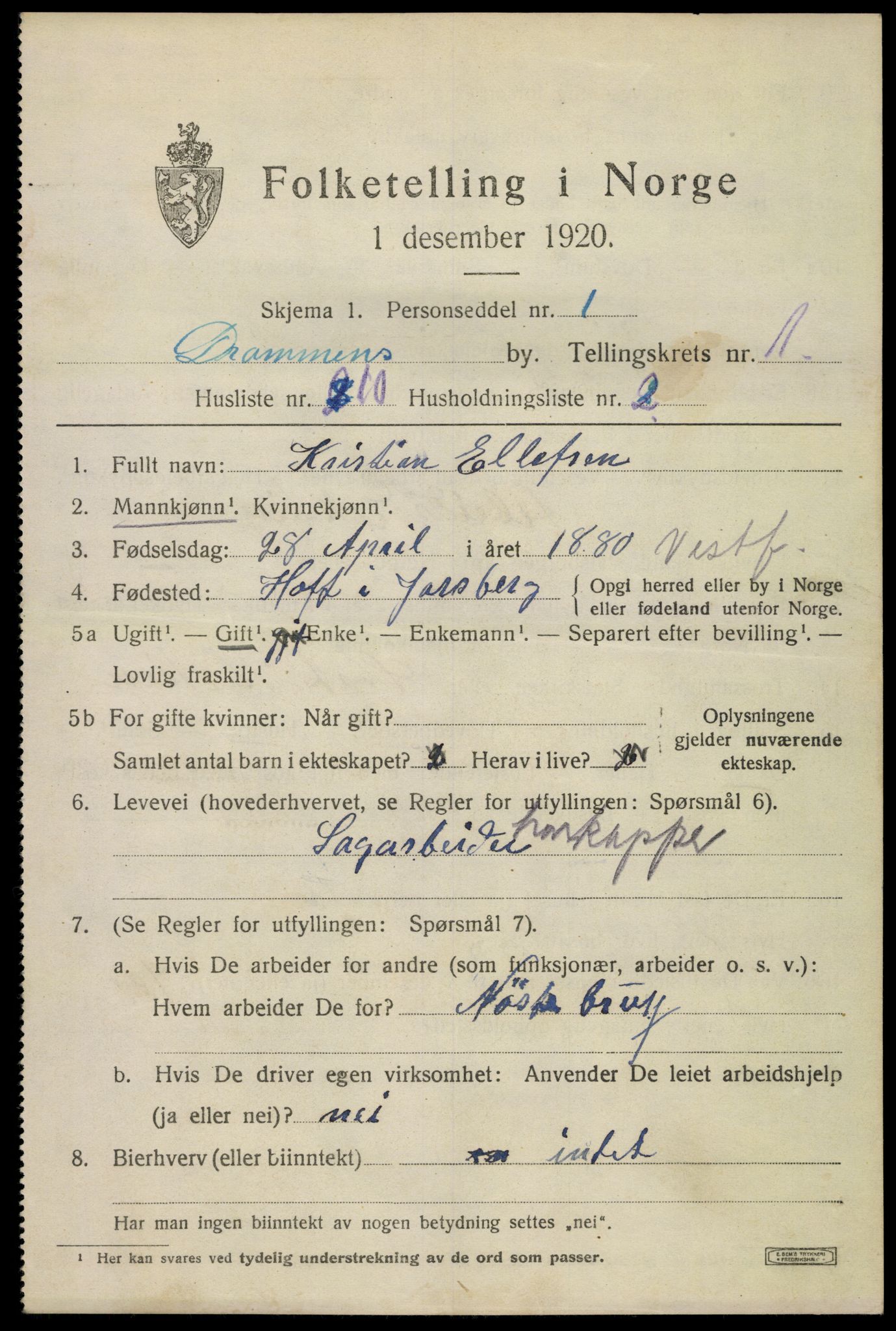 SAKO, 1920 census for Drammen, 1920, p. 23001