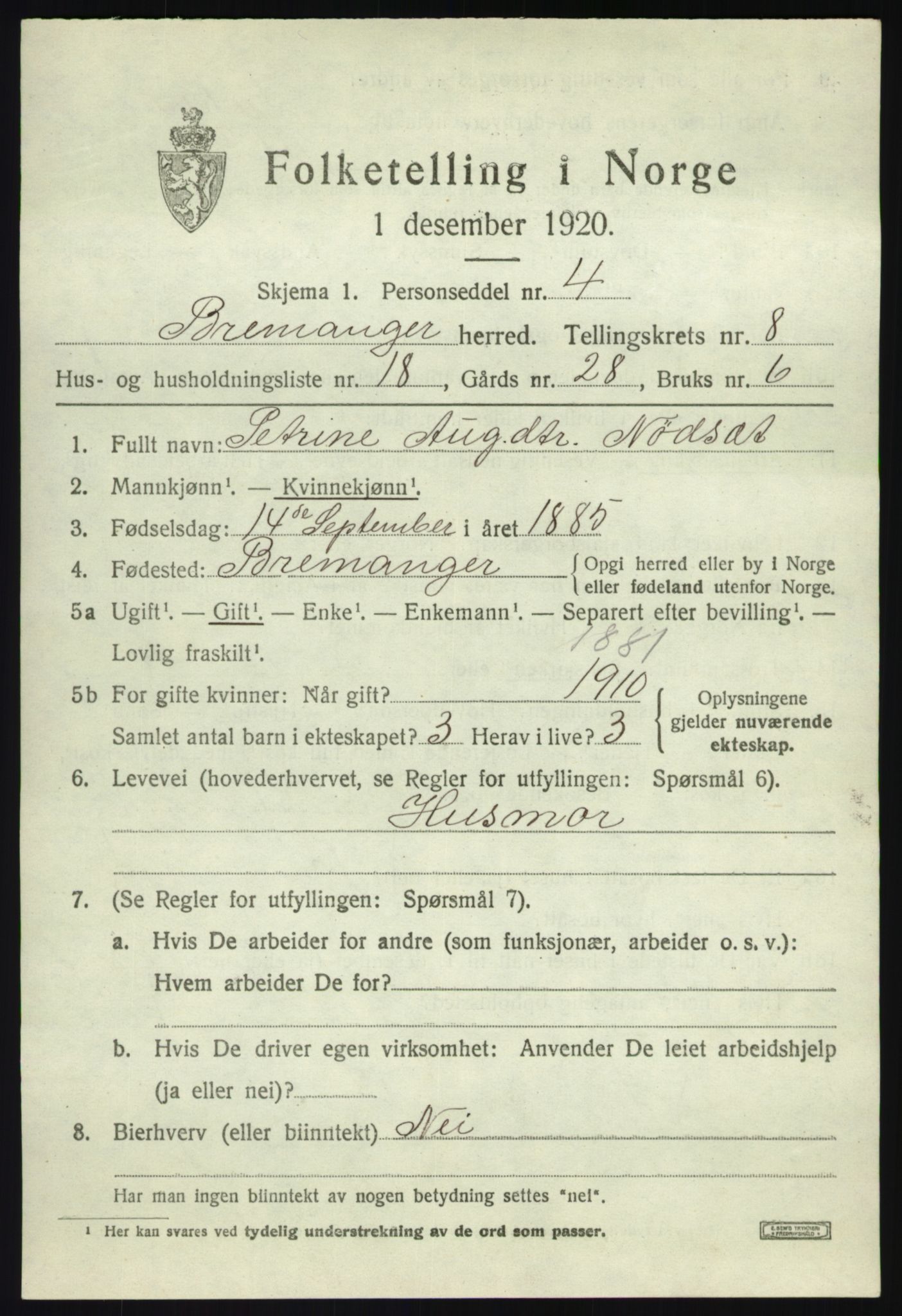 SAB, 1920 census for Bremanger, 1920, p. 5008