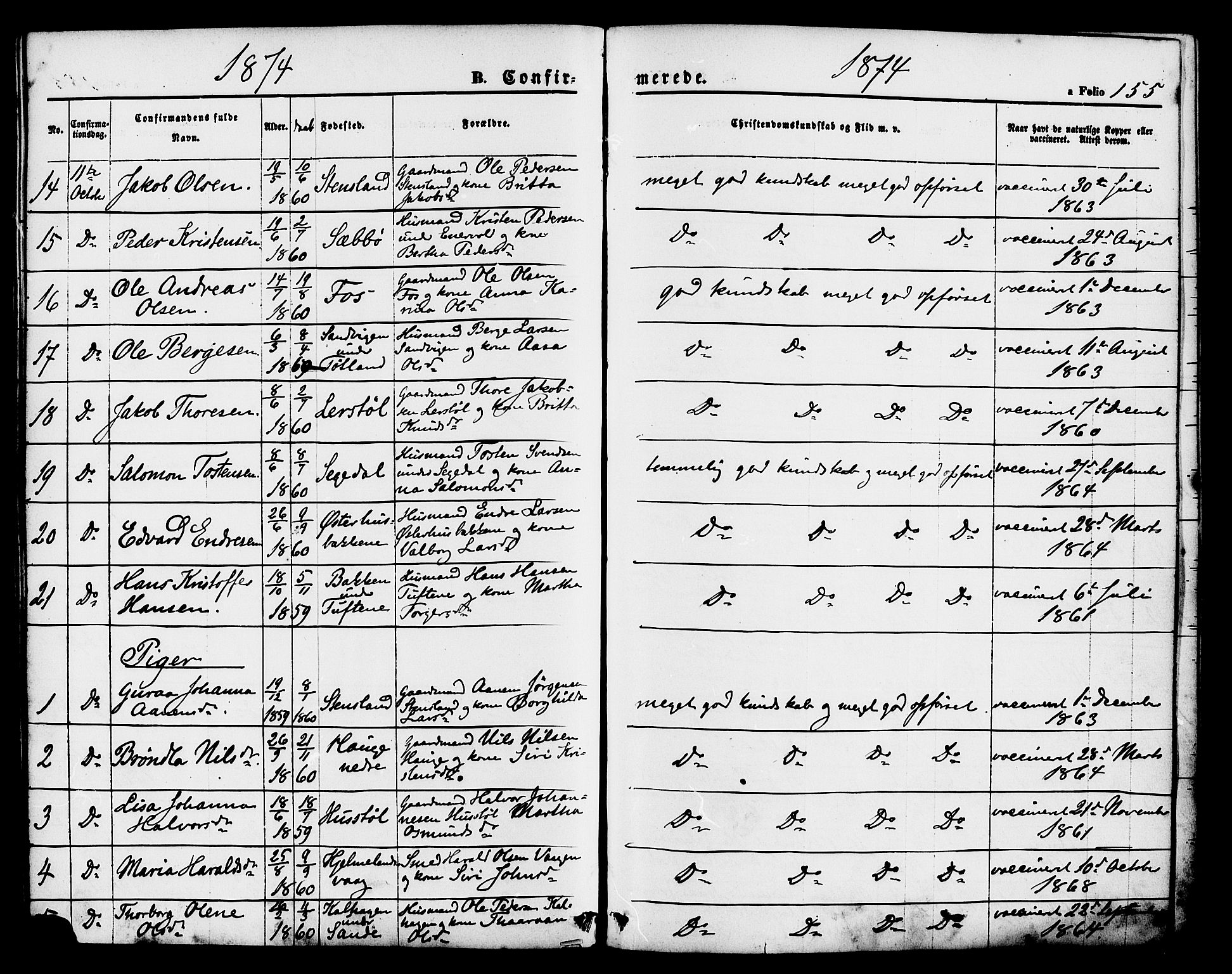 Hjelmeland sokneprestkontor, AV/SAST-A-101843/01/IV/L0011: Parish register (official) no. A 11, 1861-1878, p. 155