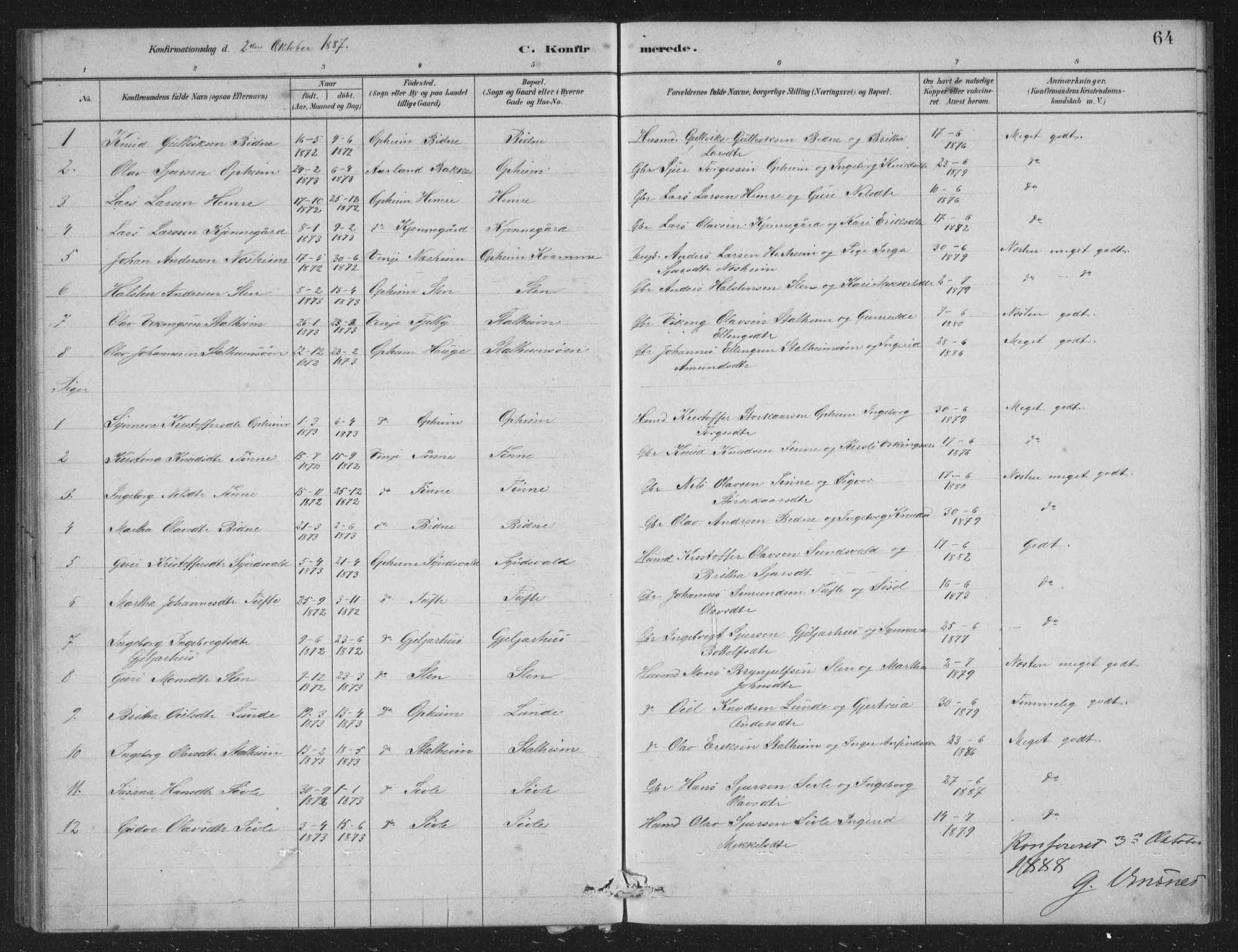 Vossestrand Sokneprestembete, SAB/A-79101/H/Hab: Parish register (copy) no. A 2, 1880-1902, p. 64
