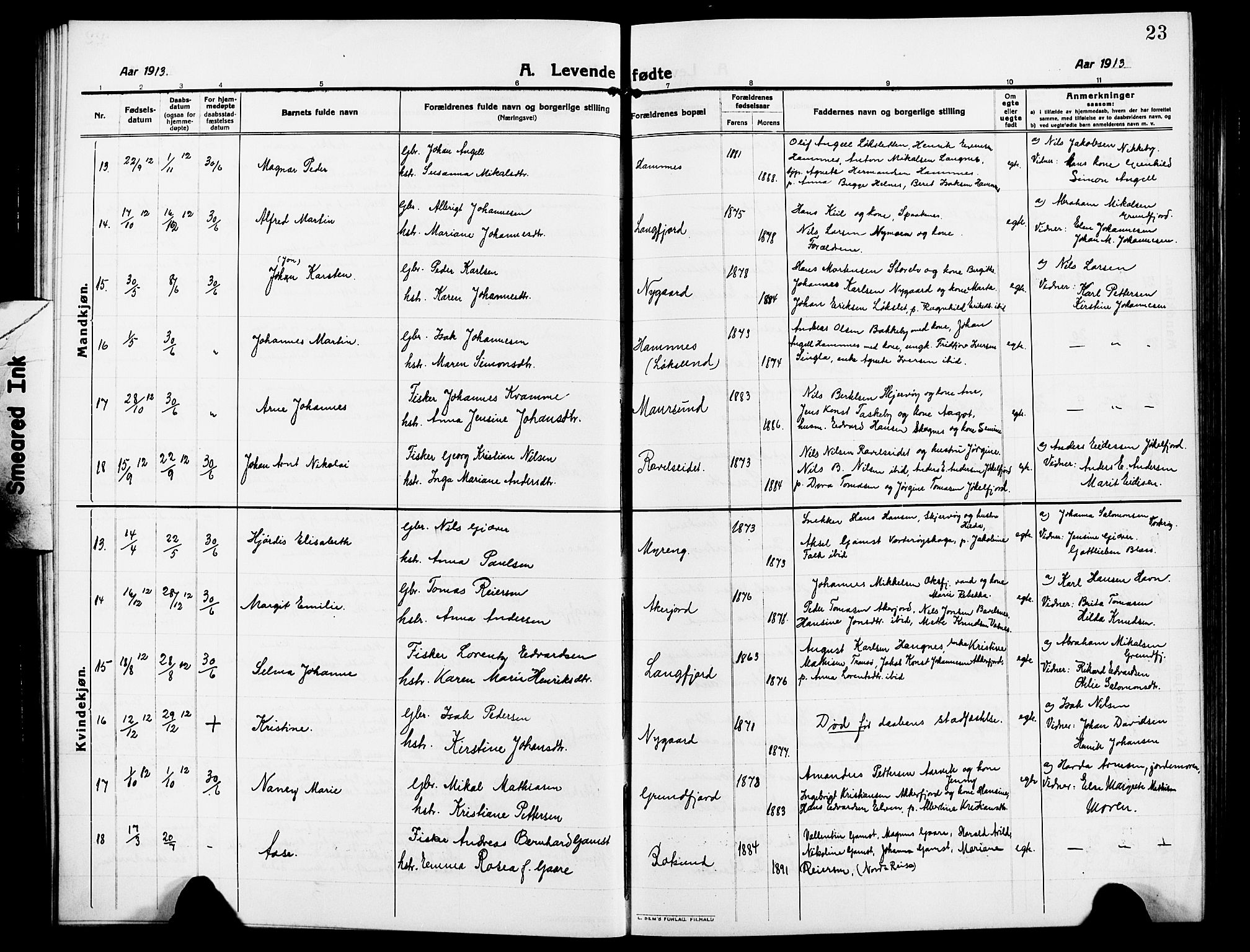 Skjervøy sokneprestkontor, AV/SATØ-S-1300/H/Ha/Hab/L0009klokker: Parish register (copy) no. 9, 1911-1926, p. 23