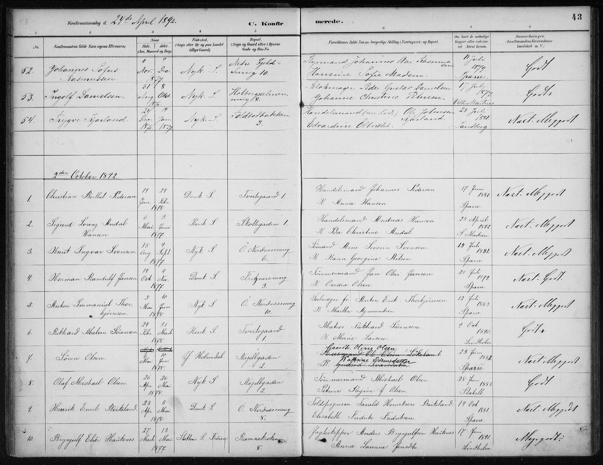 Nykirken Sokneprestembete, AV/SAB-A-77101/H/Haa/L0027: Parish register (official) no. C 6, 1886-1913, p. 43