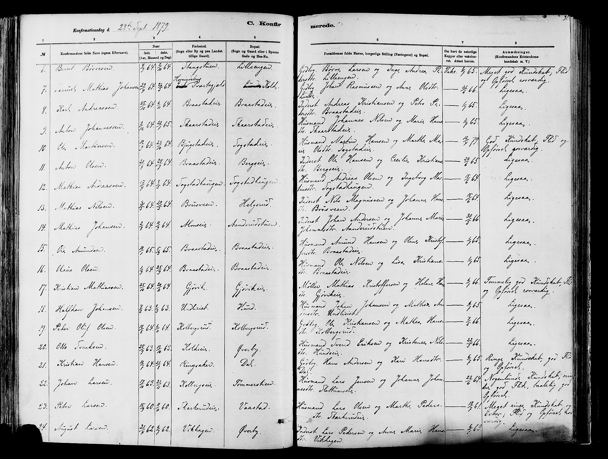 Vardal prestekontor, SAH/PREST-100/H/Ha/Haa/L0009: Parish register (official) no. 9, 1878-1892, p. 91