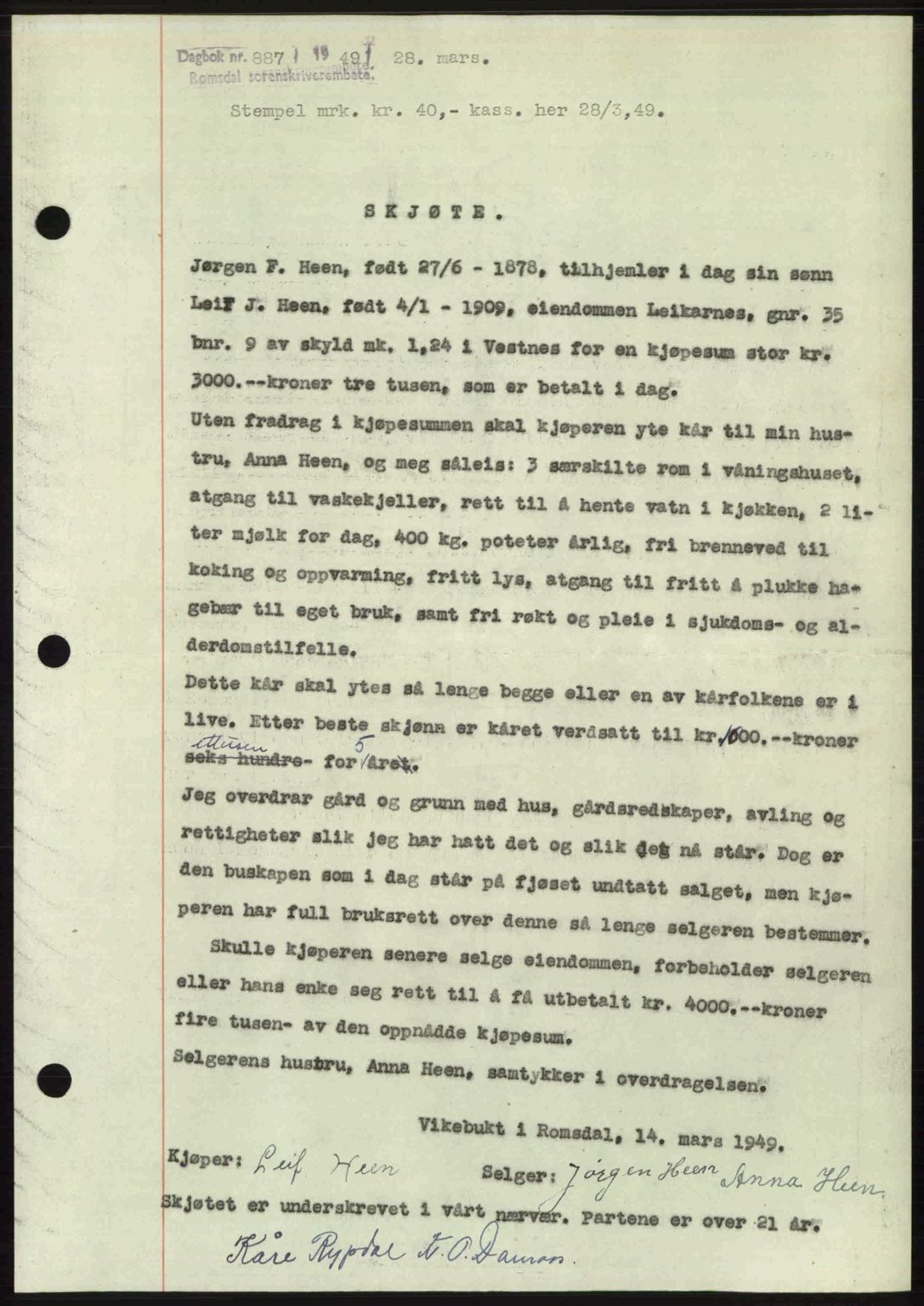 Romsdal sorenskriveri, AV/SAT-A-4149/1/2/2C: Mortgage book no. A29, 1949-1949, Diary no: : 887/1949