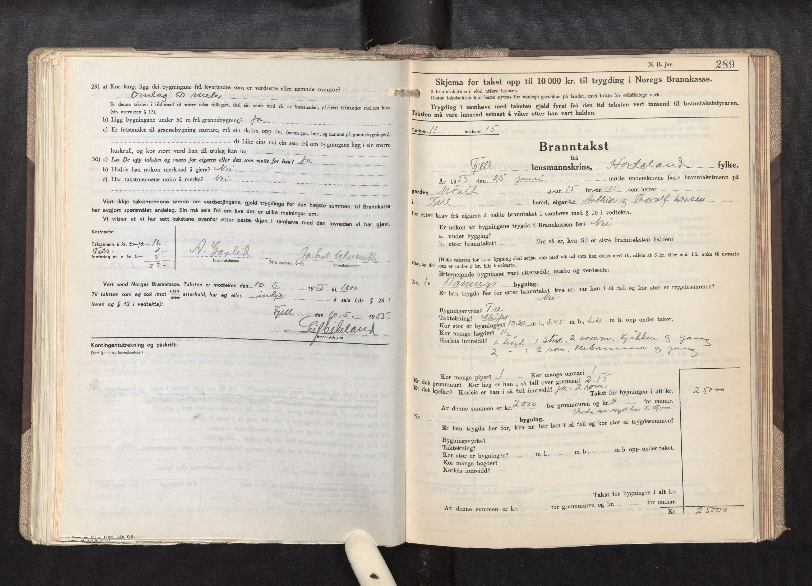 Lensmannen i Fjell, AV/SAB-A-32301/0012/L0007: Branntakstprotokoll, skjematakst, 1946-1955, p. 288-289