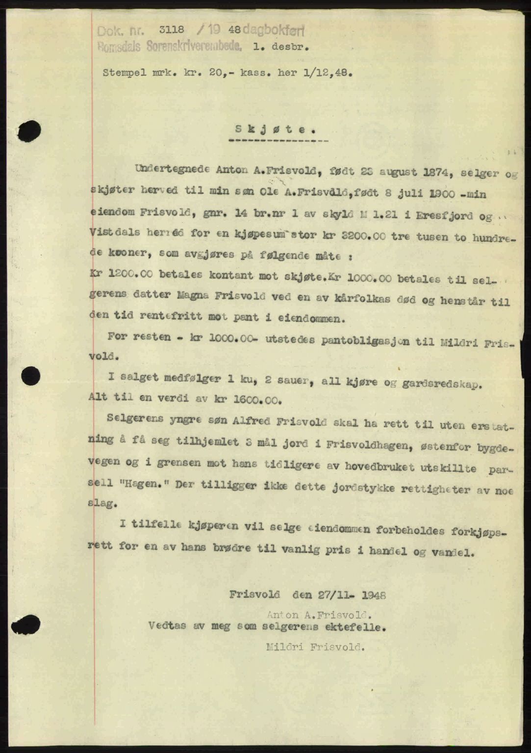 Romsdal sorenskriveri, AV/SAT-A-4149/1/2/2C: Mortgage book no. A28, 1948-1949, Diary no: : 3118/1948