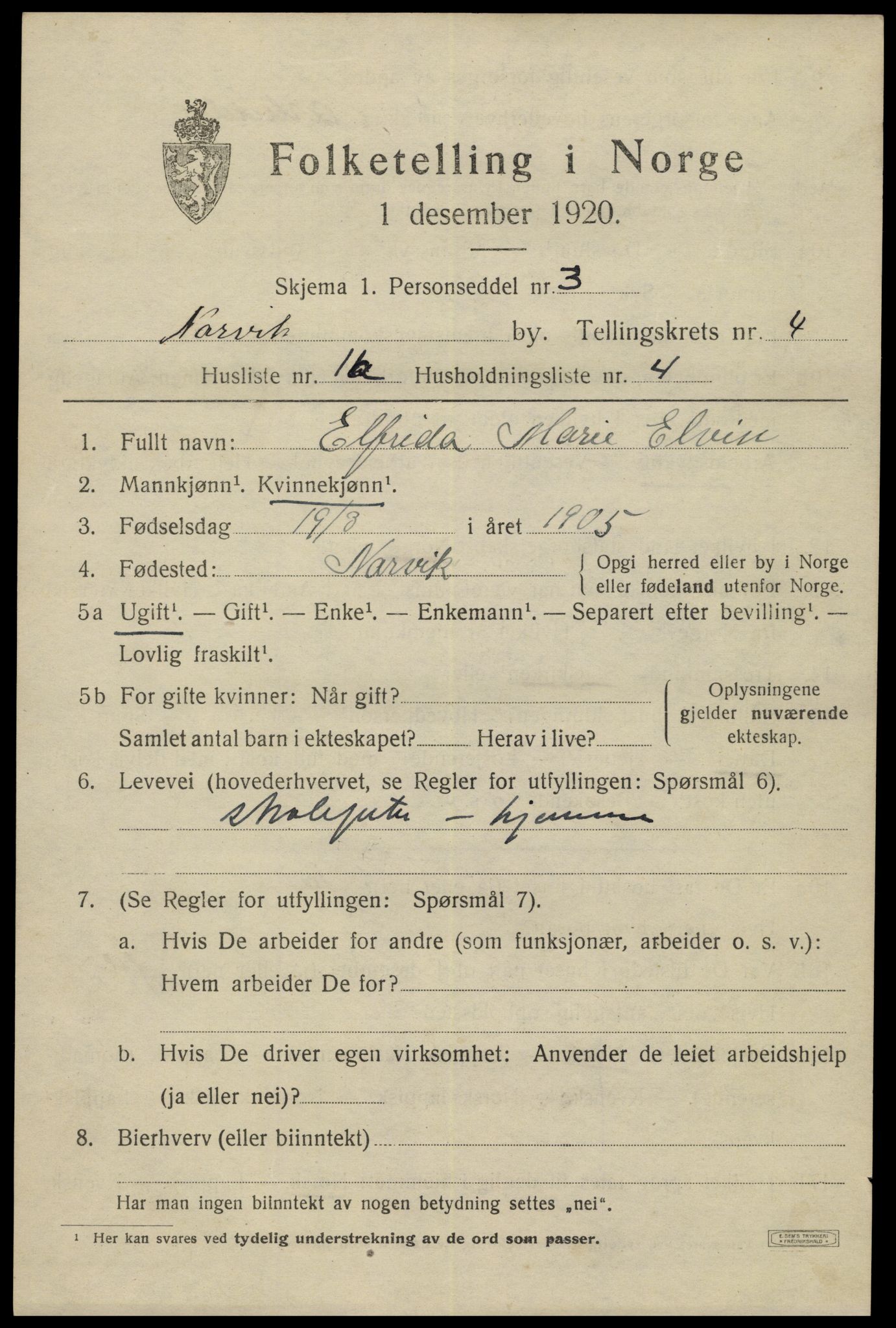 SAT, 1920 census for Narvik, 1920, p. 14310