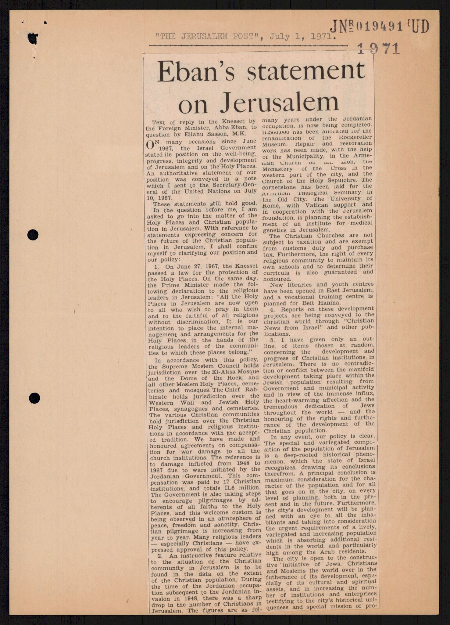 Utenriksdepartementet, hovedarkiv, AV/RA-S-6794/D/Db/Dba/L0776/0003: Verdenspolitikk. Fremmede staters politikk (G.L.) / Israel: Politikk (2 mapper), 1970-1972, p. 136