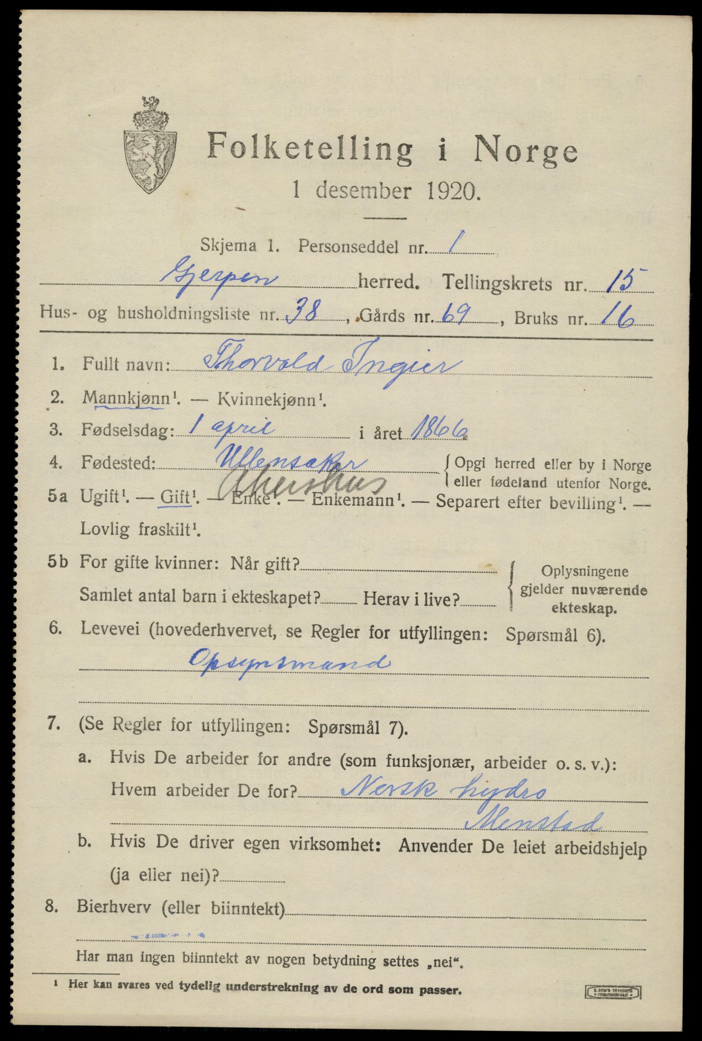 SAKO, 1920 census for Gjerpen, 1920, p. 17696