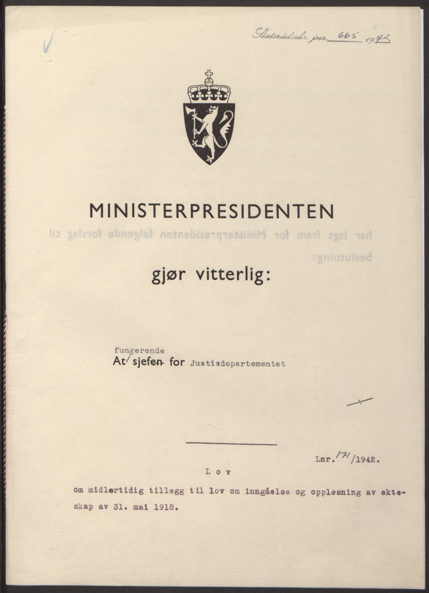 NS-administrasjonen 1940-1945 (Statsrådsekretariatet, de kommisariske statsråder mm), RA/S-4279/D/Db/L0098: Lover II, 1942, p. 272