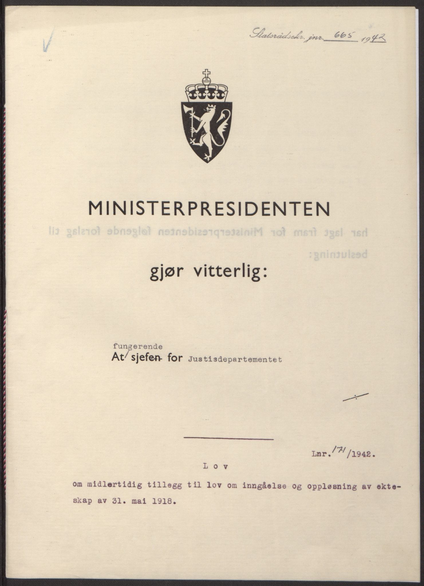 NS-administrasjonen 1940-1945 (Statsrådsekretariatet, de kommisariske statsråder mm), AV/RA-S-4279/D/Db/L0098: Lover II, 1942, p. 272