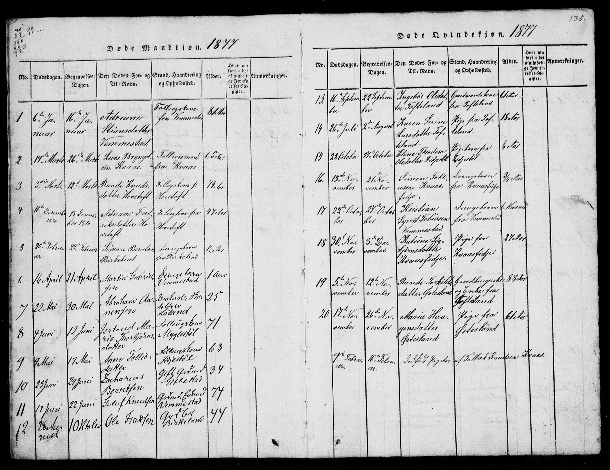 Lyngdal sokneprestkontor, AV/SAK-1111-0029/F/Fb/Fbb/L0001: Parish register (copy) no. B 1, 1816-1900, p. 135