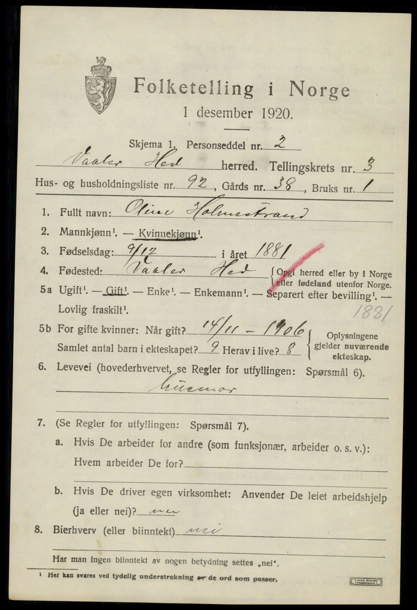 SAH, 1920 census for Våler (Hedmark), 1920, p. 4383