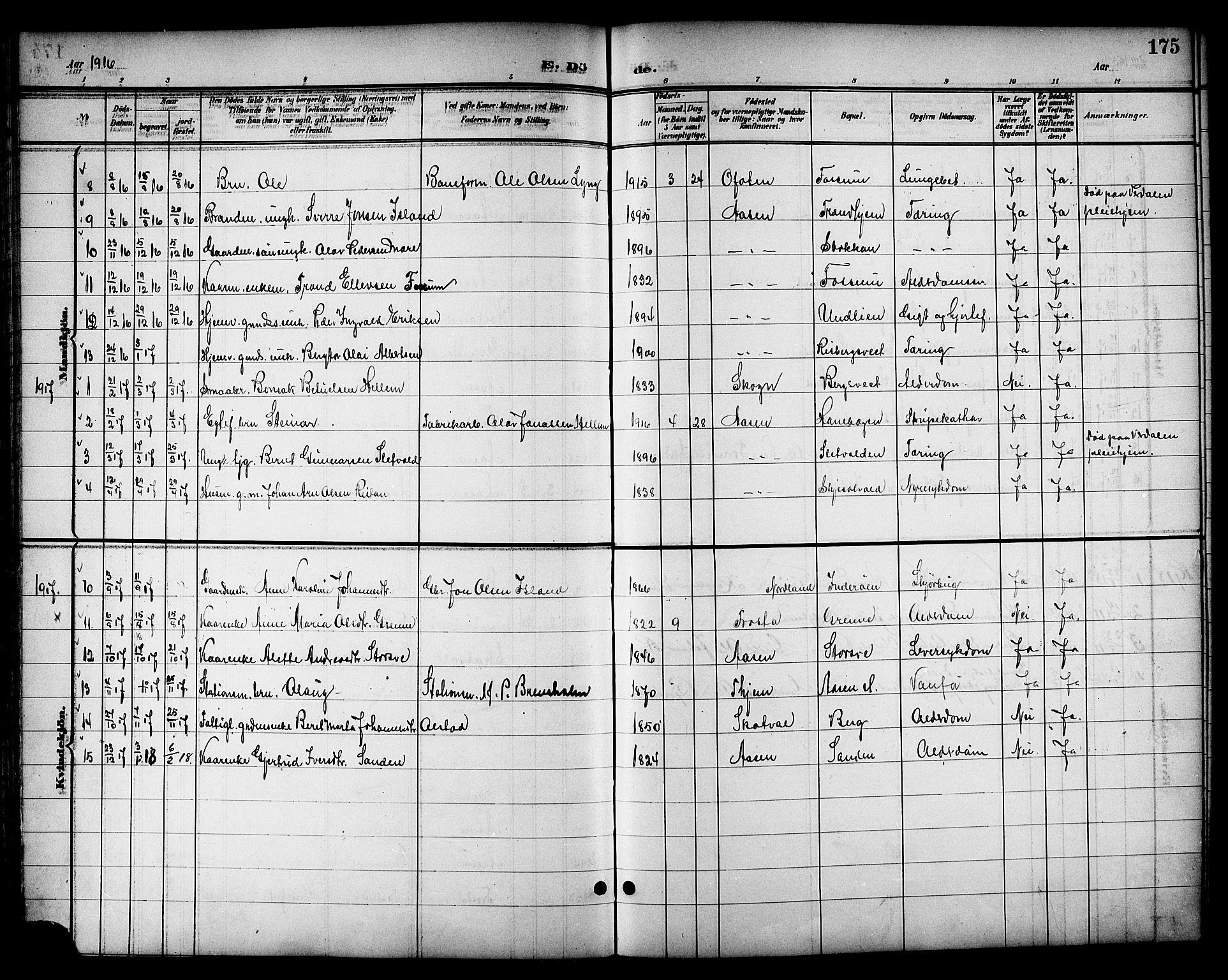 Ministerialprotokoller, klokkerbøker og fødselsregistre - Nord-Trøndelag, SAT/A-1458/714/L0135: Parish register (copy) no. 714C04, 1899-1918, p. 175