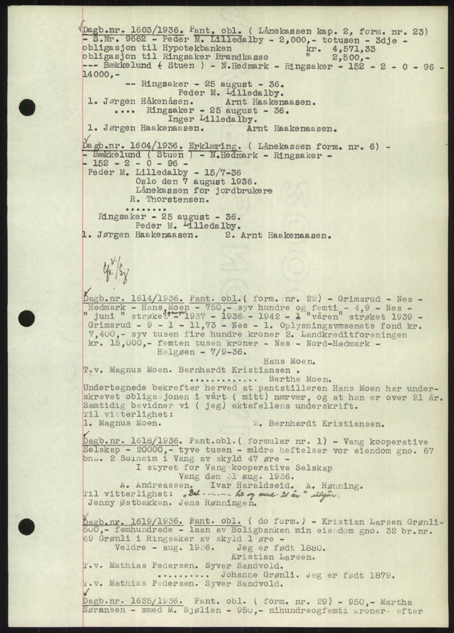 Nord-Hedmark sorenskriveri, SAH/TING-012/H/Hb/Hbf/L0001: Mortgage book no. B1, 1936-1936, Diary no: : 1603/1936