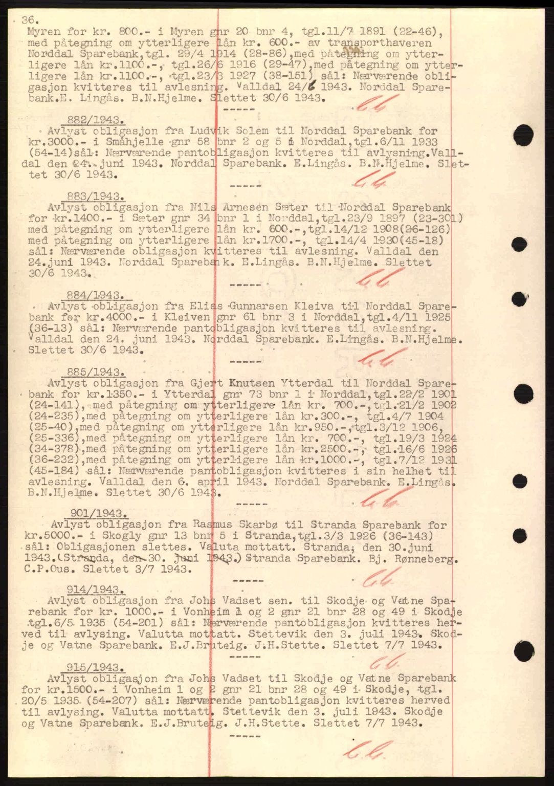 Nordre Sunnmøre sorenskriveri, SAT/A-0006/1/2/2C/2Ca: Mortgage book no. B1-6, 1938-1942, Diary no: : 882/1943