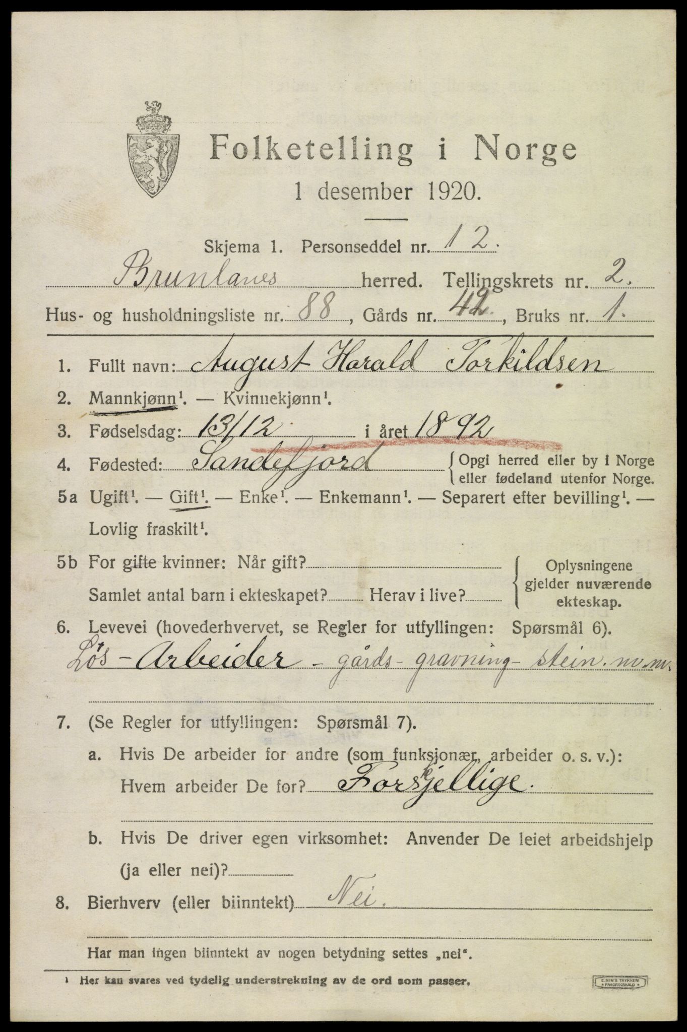 SAKO, 1920 census for Brunlanes, 1920, p. 4501