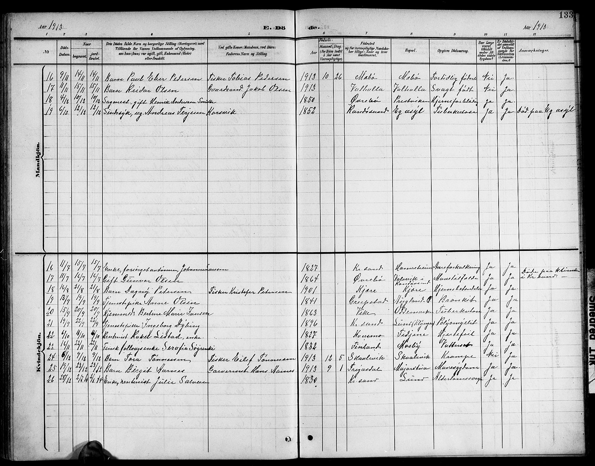 Oddernes sokneprestkontor, AV/SAK-1111-0033/F/Fb/Fba/L0009: Parish register (copy) no. B 9, 1899-1923, p. 133