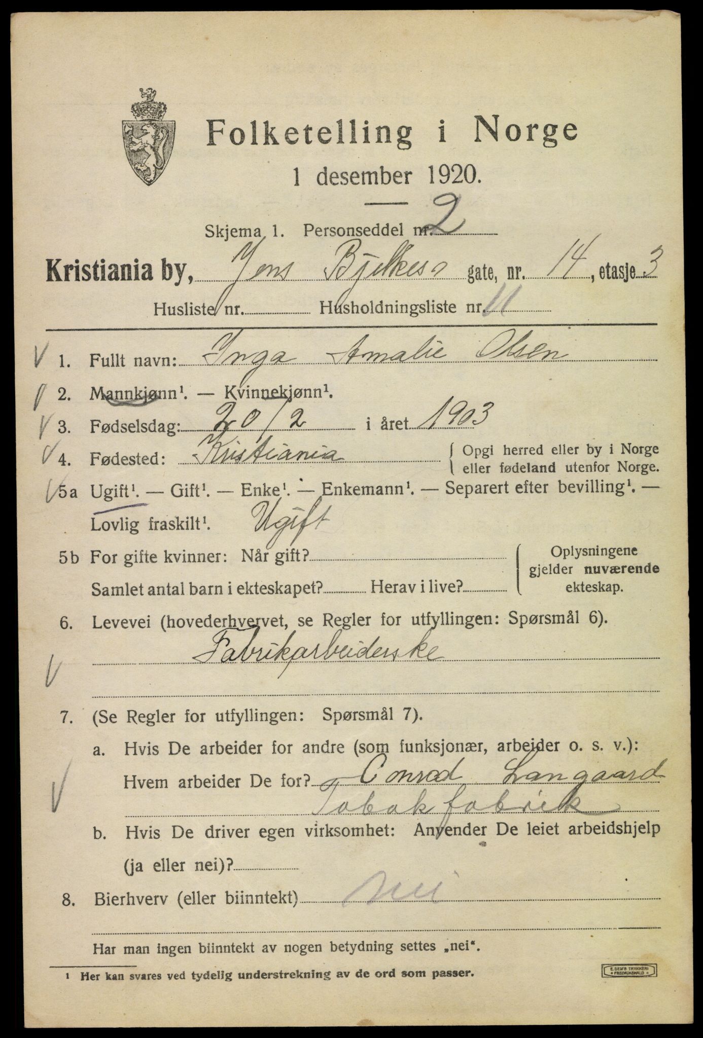 SAO, 1920 census for Kristiania, 1920, p. 318343