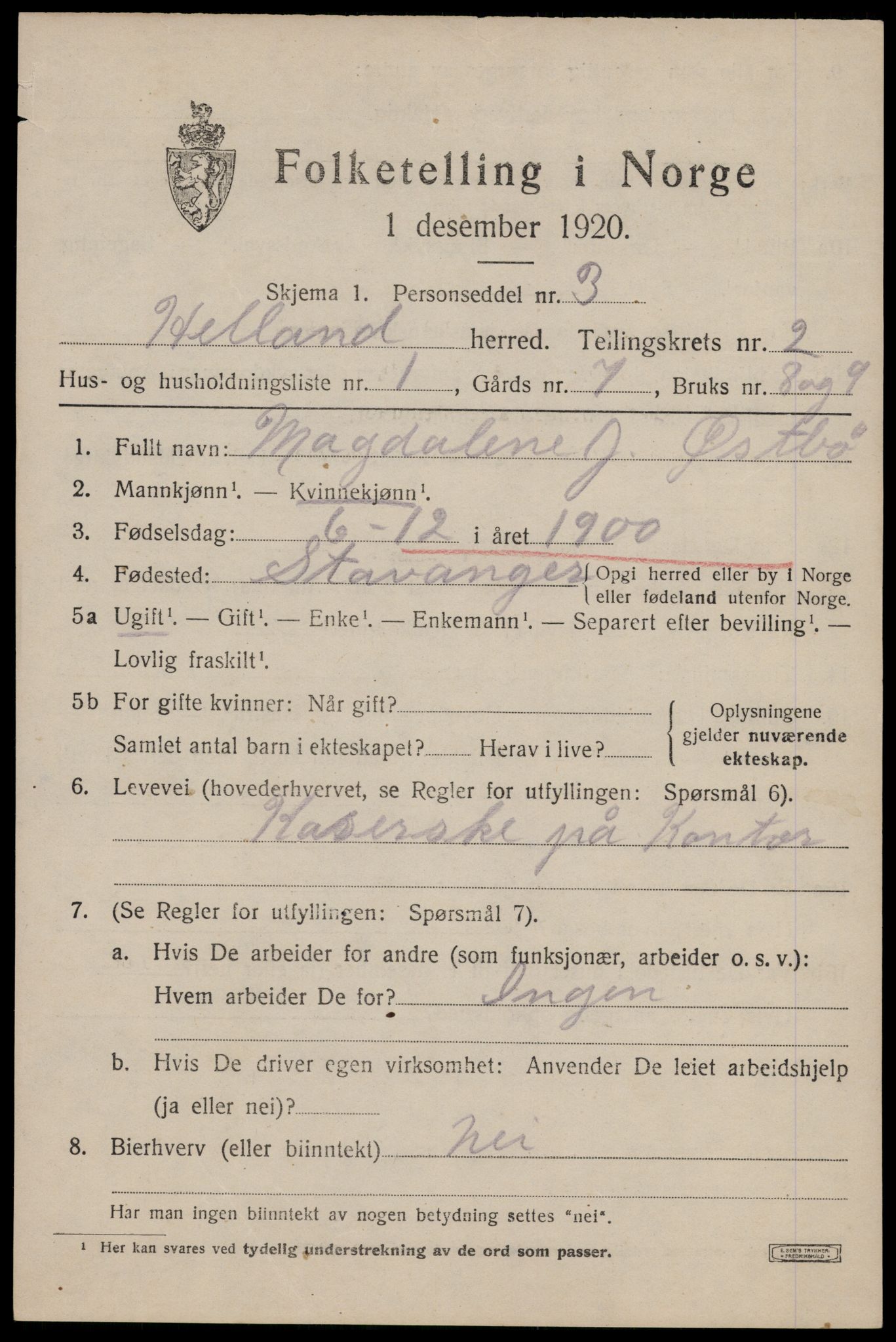 SAST, 1920 census for Hetland, 1920, p. 4009