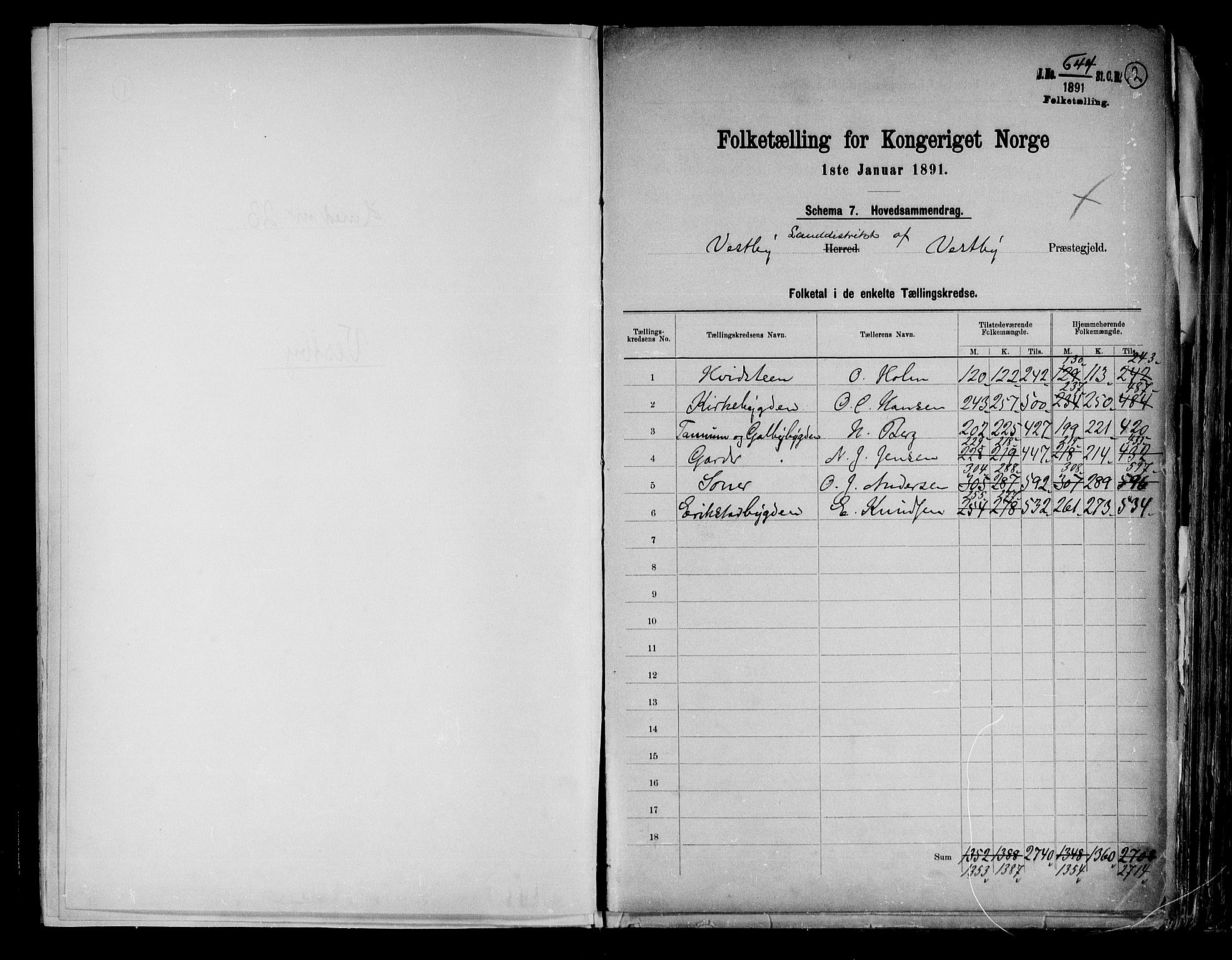 RA, 1891 census for 0211 Vestby, 1891, p. 2