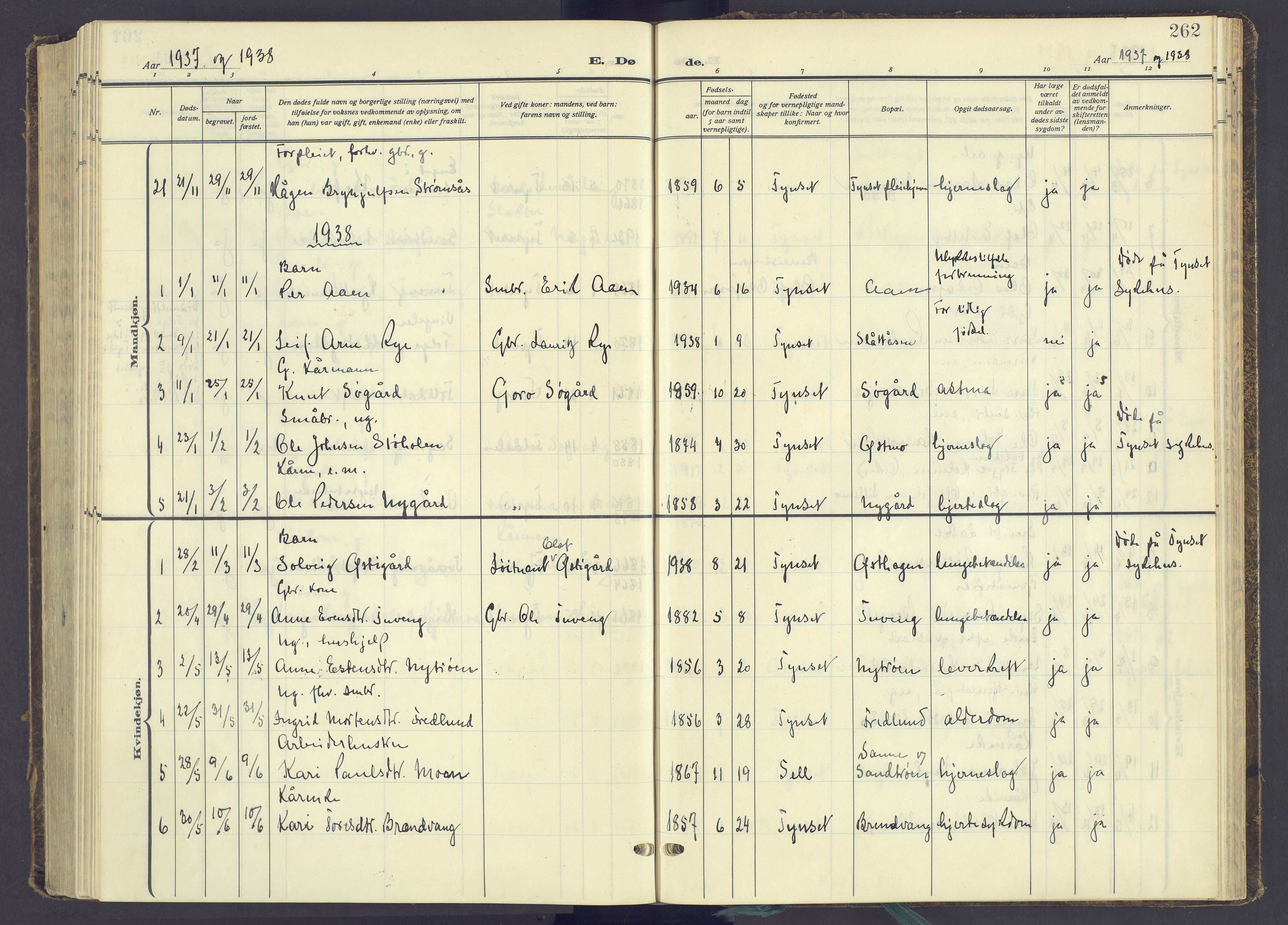 Tynset prestekontor, AV/SAH-PREST-058/H/Ha/Haa/L0027: Parish register (official) no. 27, 1930-1944, p. 262