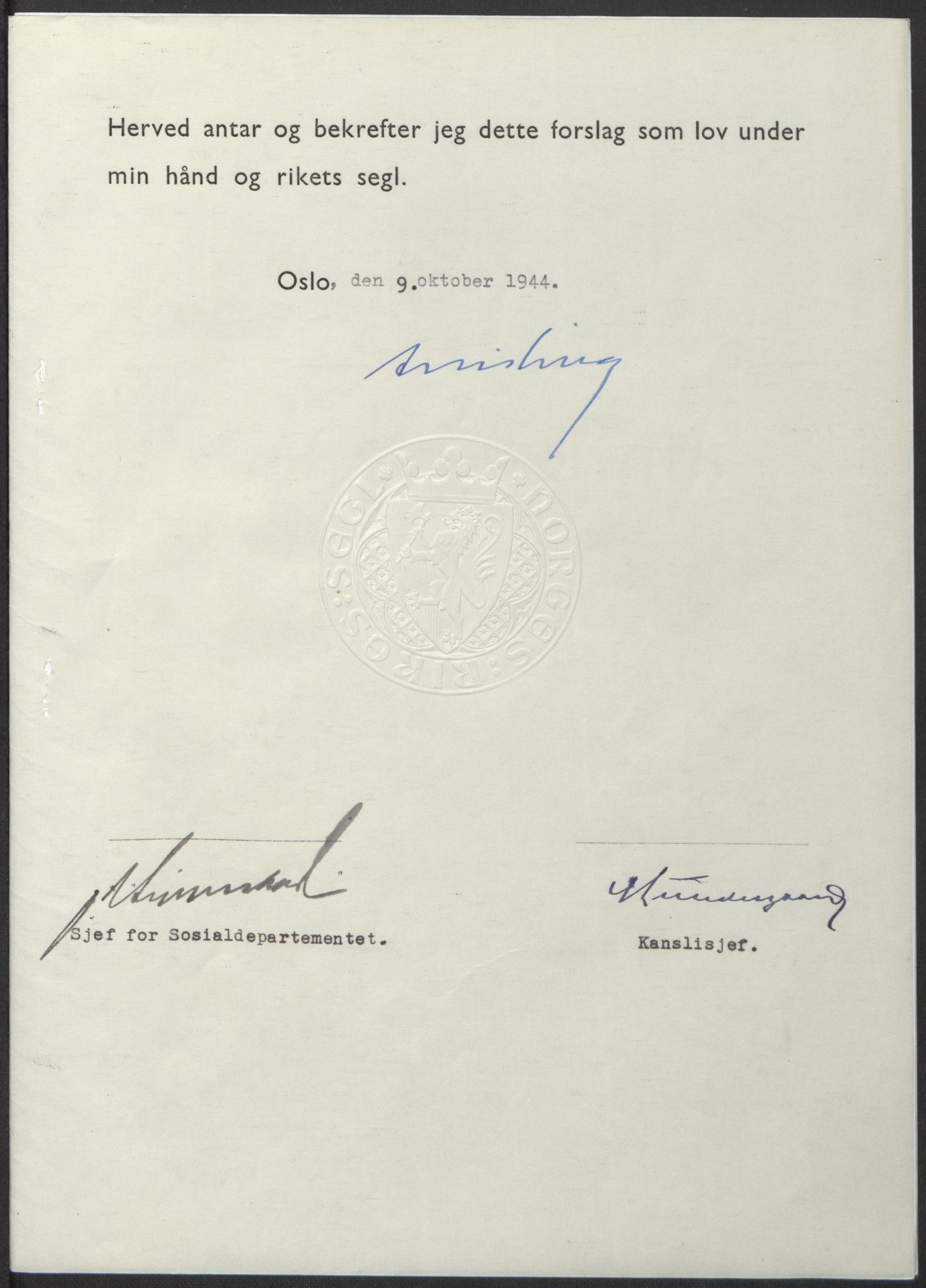 NS-administrasjonen 1940-1945 (Statsrådsekretariatet, de kommisariske statsråder mm), AV/RA-S-4279/D/Db/L0100: Lover, 1944, p. 488