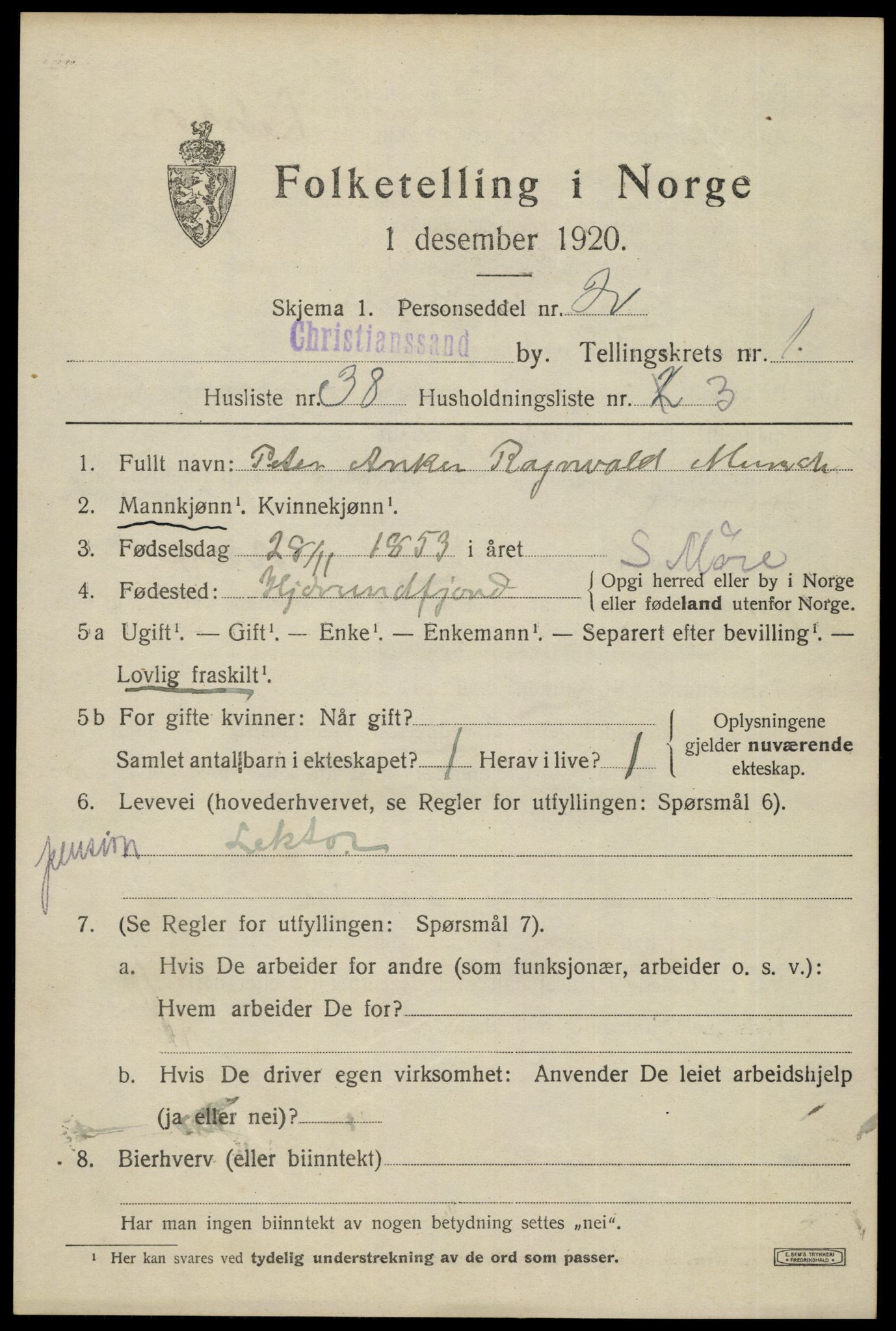 SAK, 1920 census for Kristiansand, 1920, p. 11821