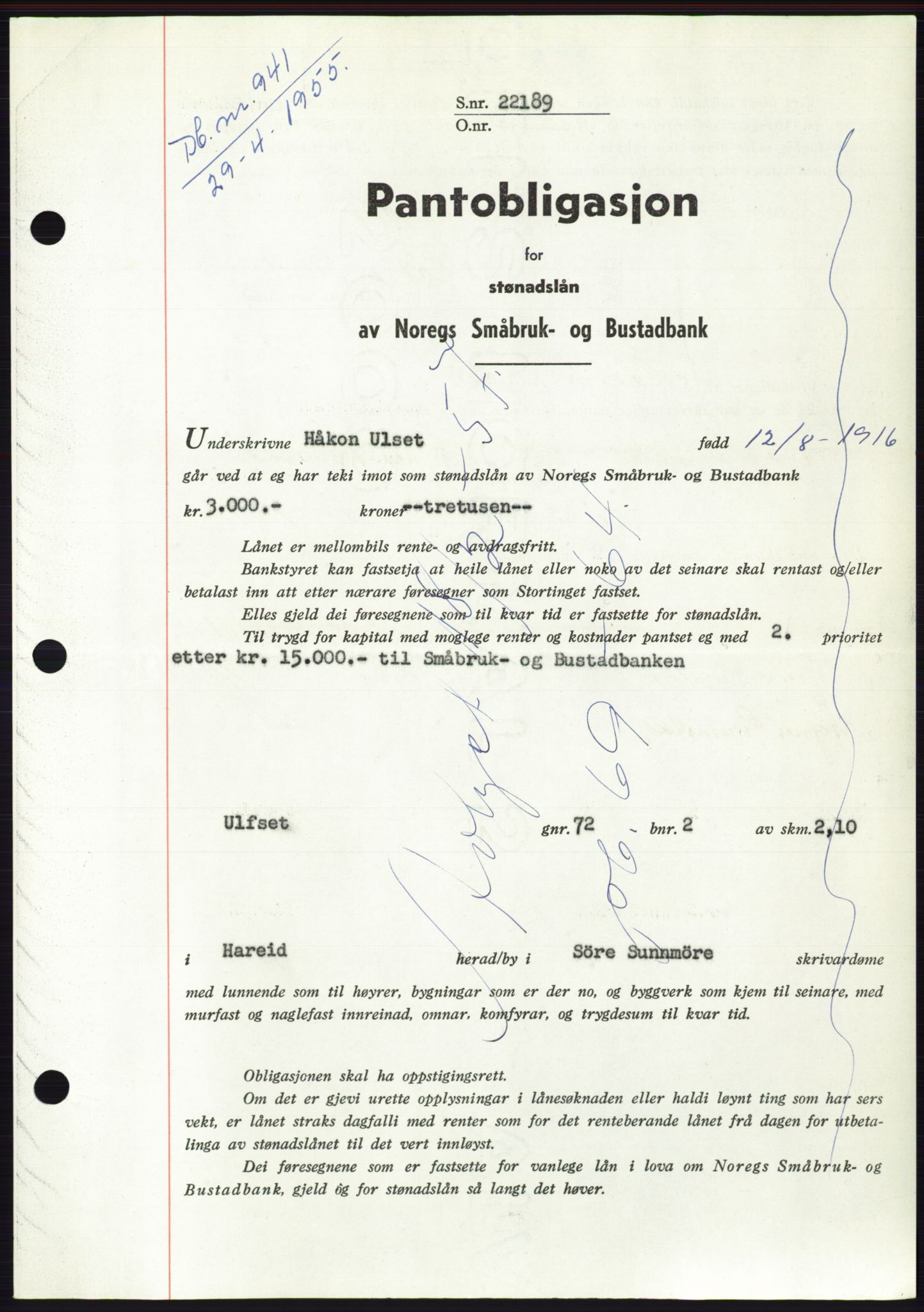 Søre Sunnmøre sorenskriveri, AV/SAT-A-4122/1/2/2C/L0126: Mortgage book no. 14B, 1954-1955, Diary no: : 941/1955