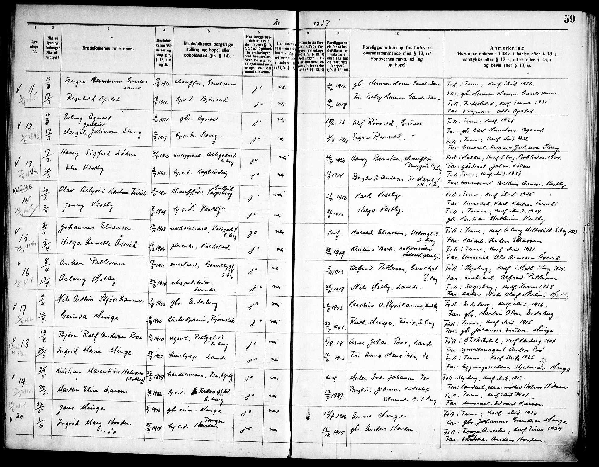 Tune prestekontor Kirkebøker, AV/SAO-A-2007/H/Ha/L0001: Banns register no. I 1, 1919-1946, p. 59