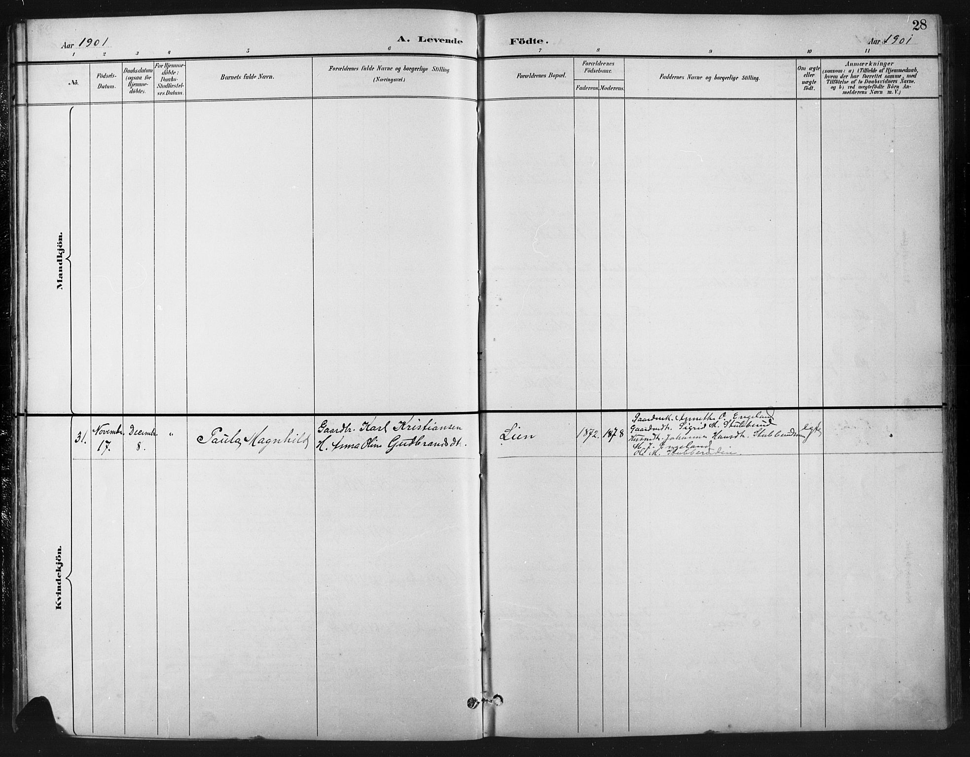 Vestre Gausdal prestekontor, AV/SAH-PREST-094/H/Ha/Hab/L0003: Parish register (copy) no. 3, 1896-1925, p. 28