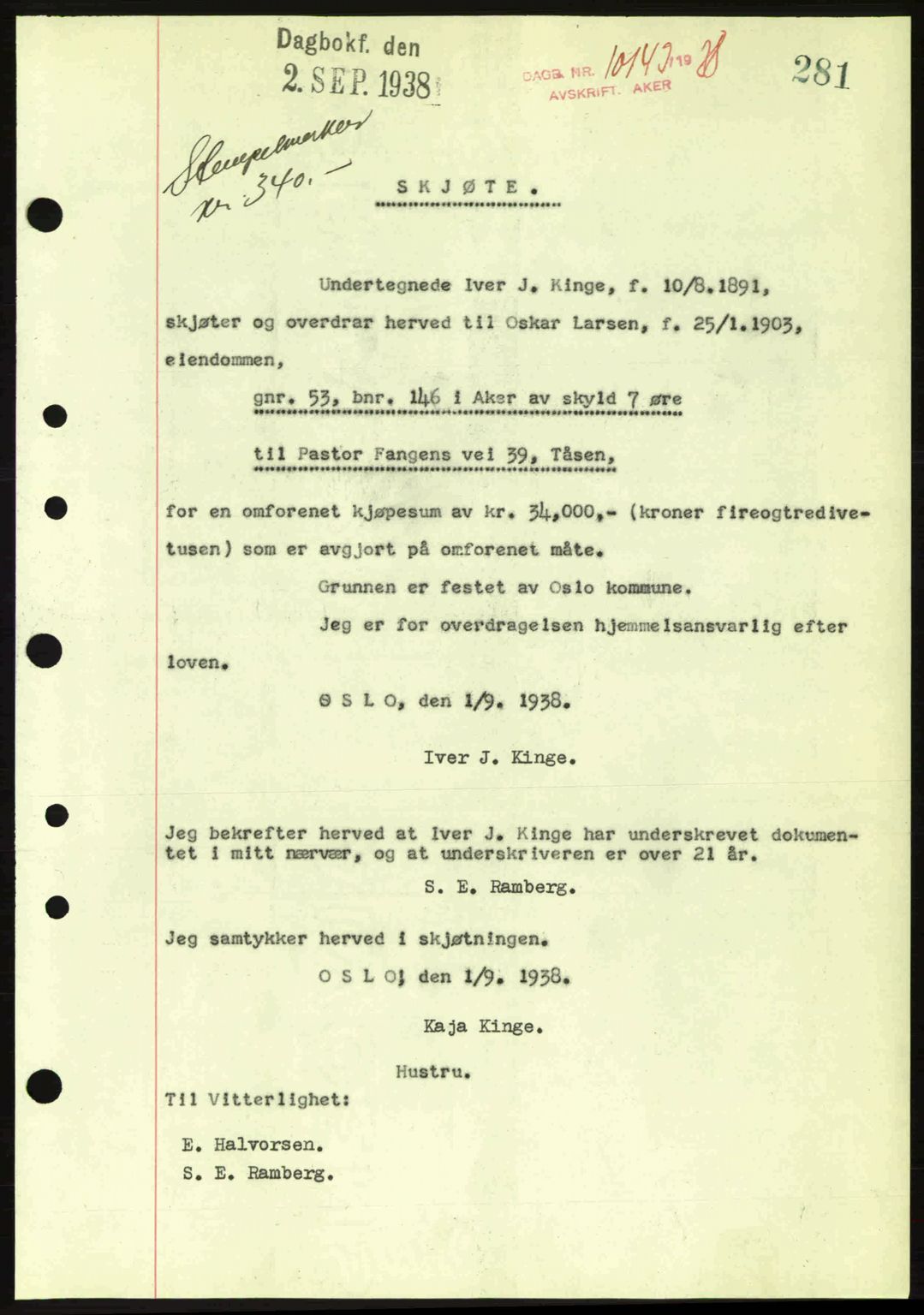 Aker herredsskriveri, SAO/A-10896/G/Gb/Gba/Gbab/L0025: Mortgage book no. A154-155, 1938-1938, Diary no: : 10143/1938