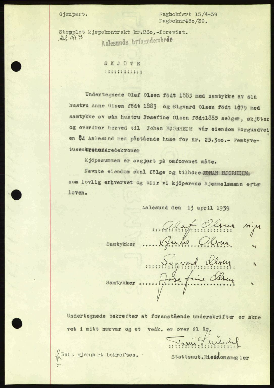 Ålesund byfogd, AV/SAT-A-4384: Mortgage book no. 34 II, 1938-1940, Diary no: : 450/1939