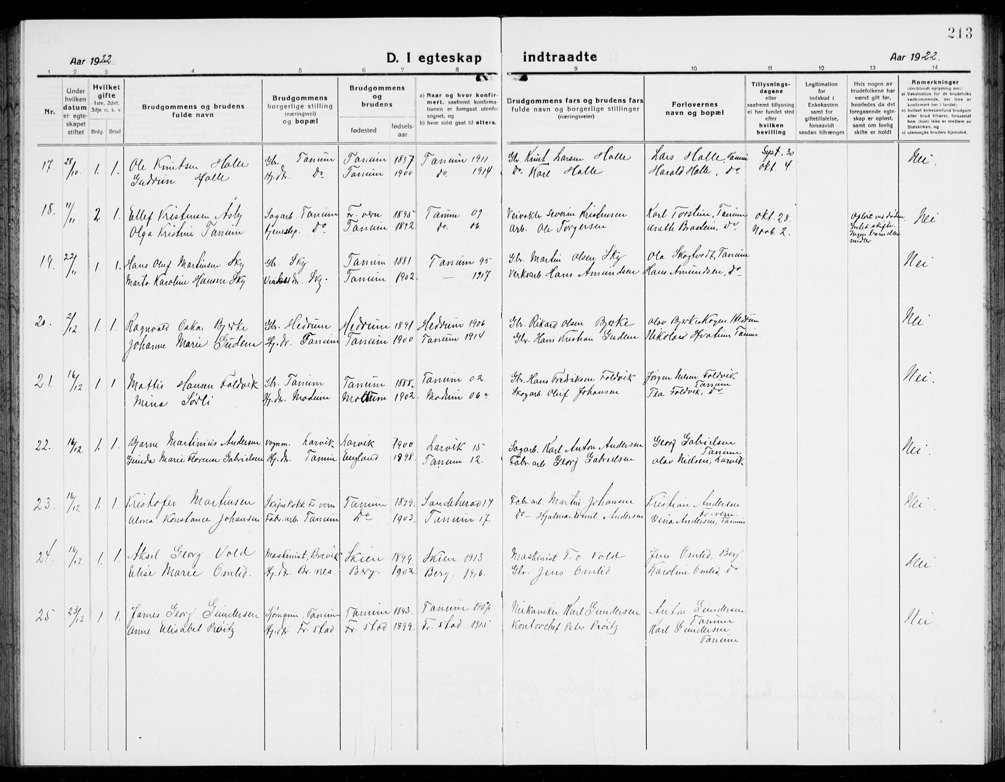 Brunlanes kirkebøker, AV/SAKO-A-342/G/Ga/L0005: Parish register (copy) no. I 5, 1918-1941, p. 213