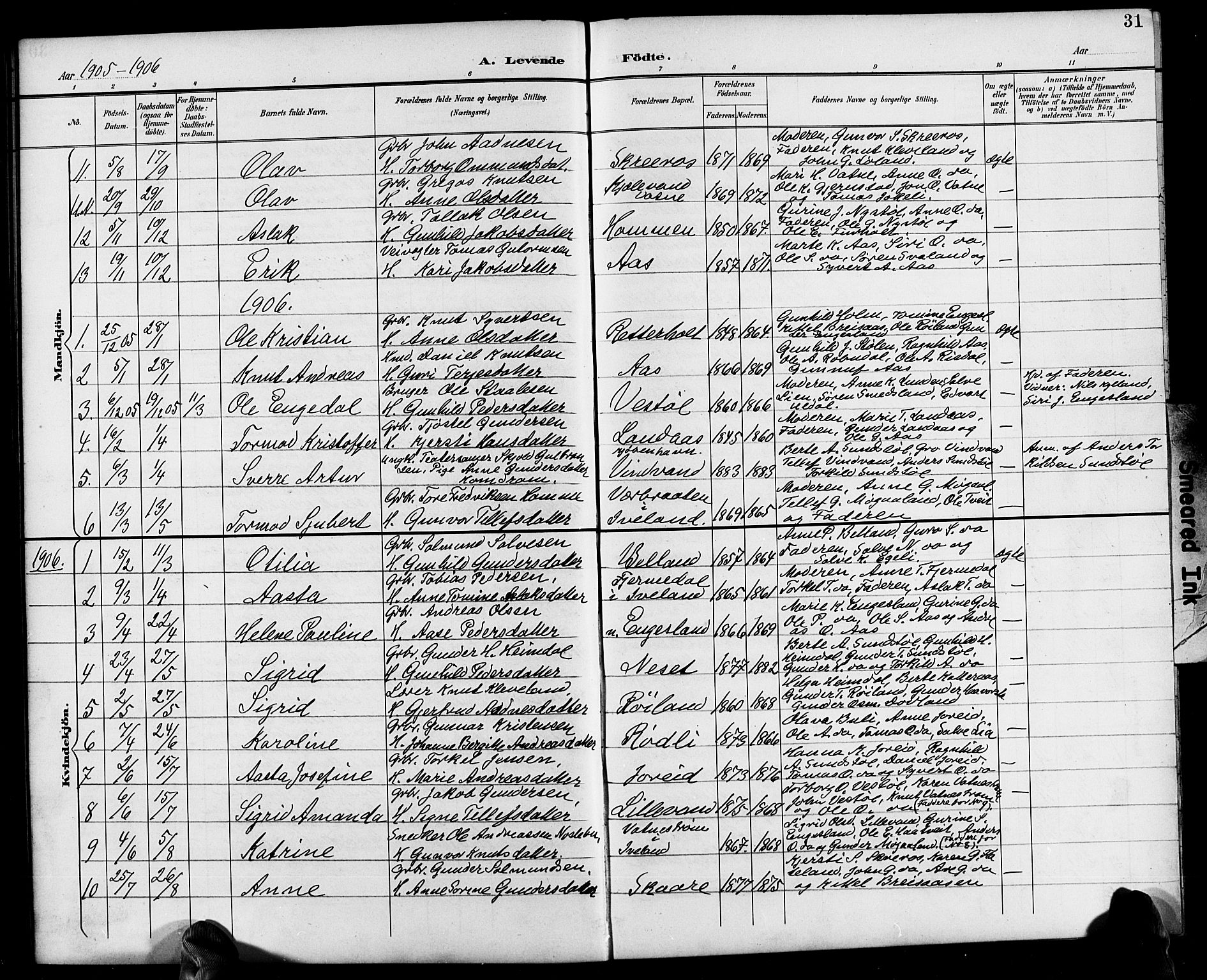 Herefoss sokneprestkontor, SAK/1111-0019/F/Fb/Fbb/L0003: Parish register (copy) no. B 3, 1892-1917, p. 31
