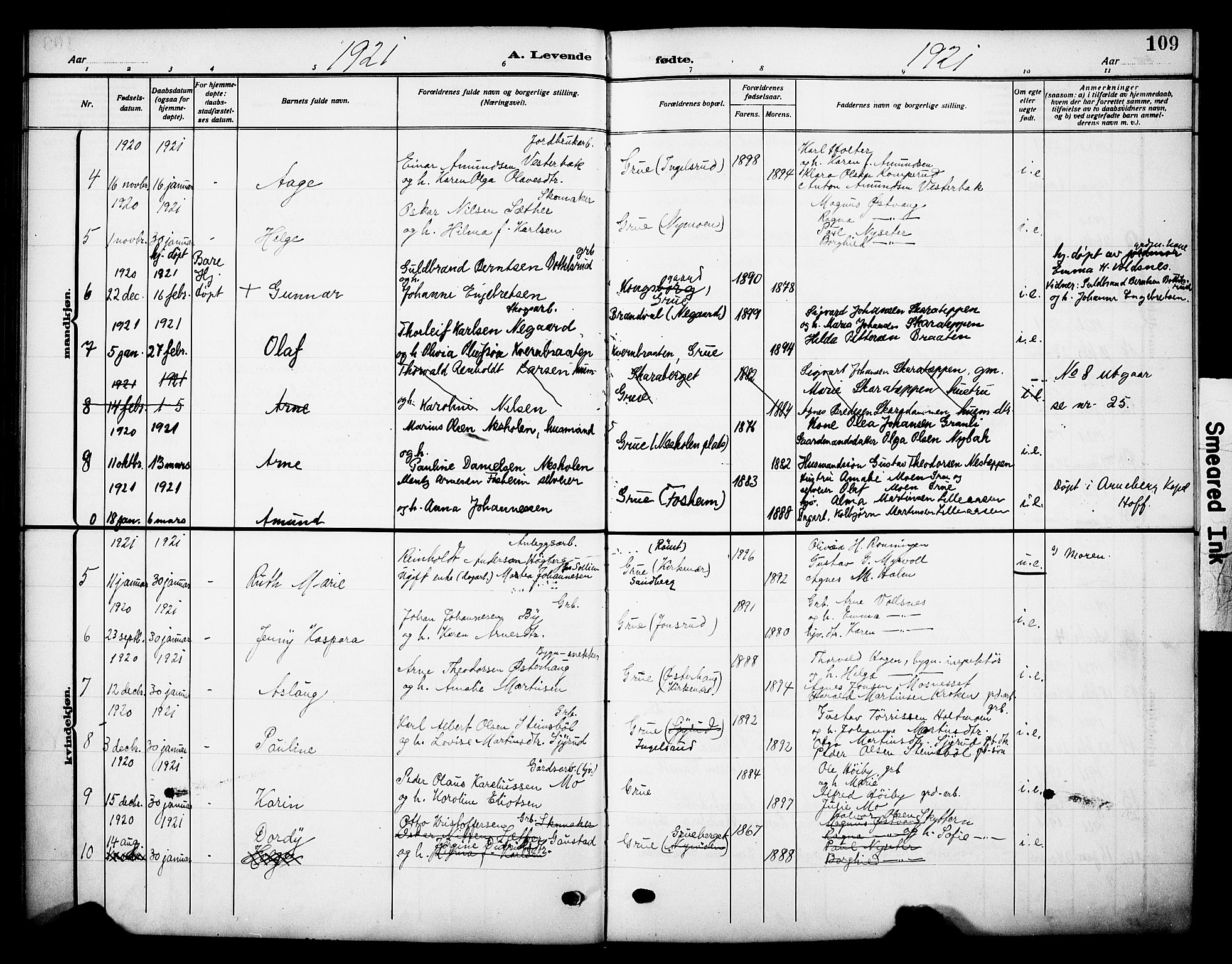 Grue prestekontor, AV/SAH-PREST-036/H/Ha/Haa/L0015: Parish register (official) no. 15, 1911-1922, p. 109