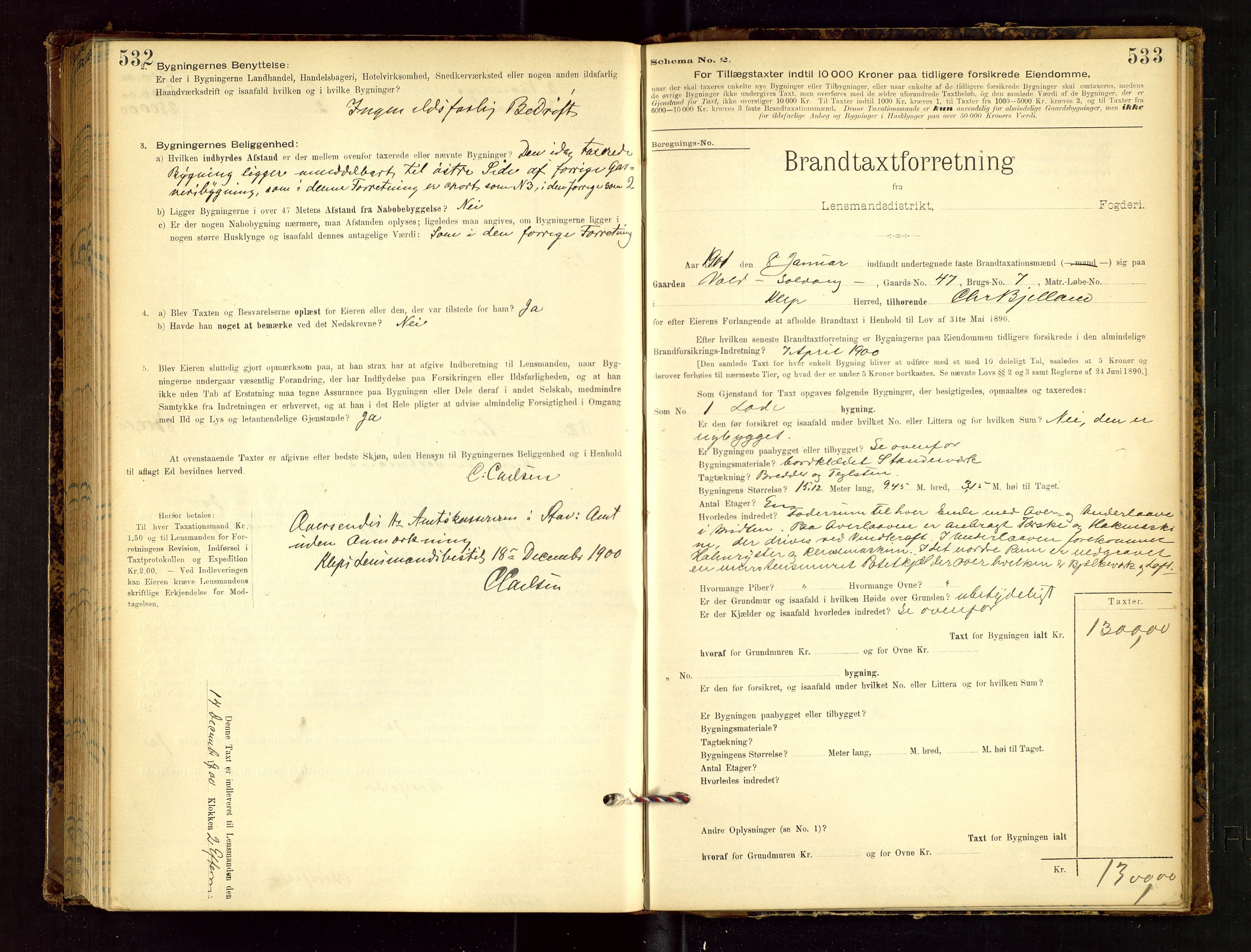 Klepp lensmannskontor, SAST/A-100163/Goc/L0002: "Brandtaxationsprotokol" m/register, 1898-1902, p. 532-533