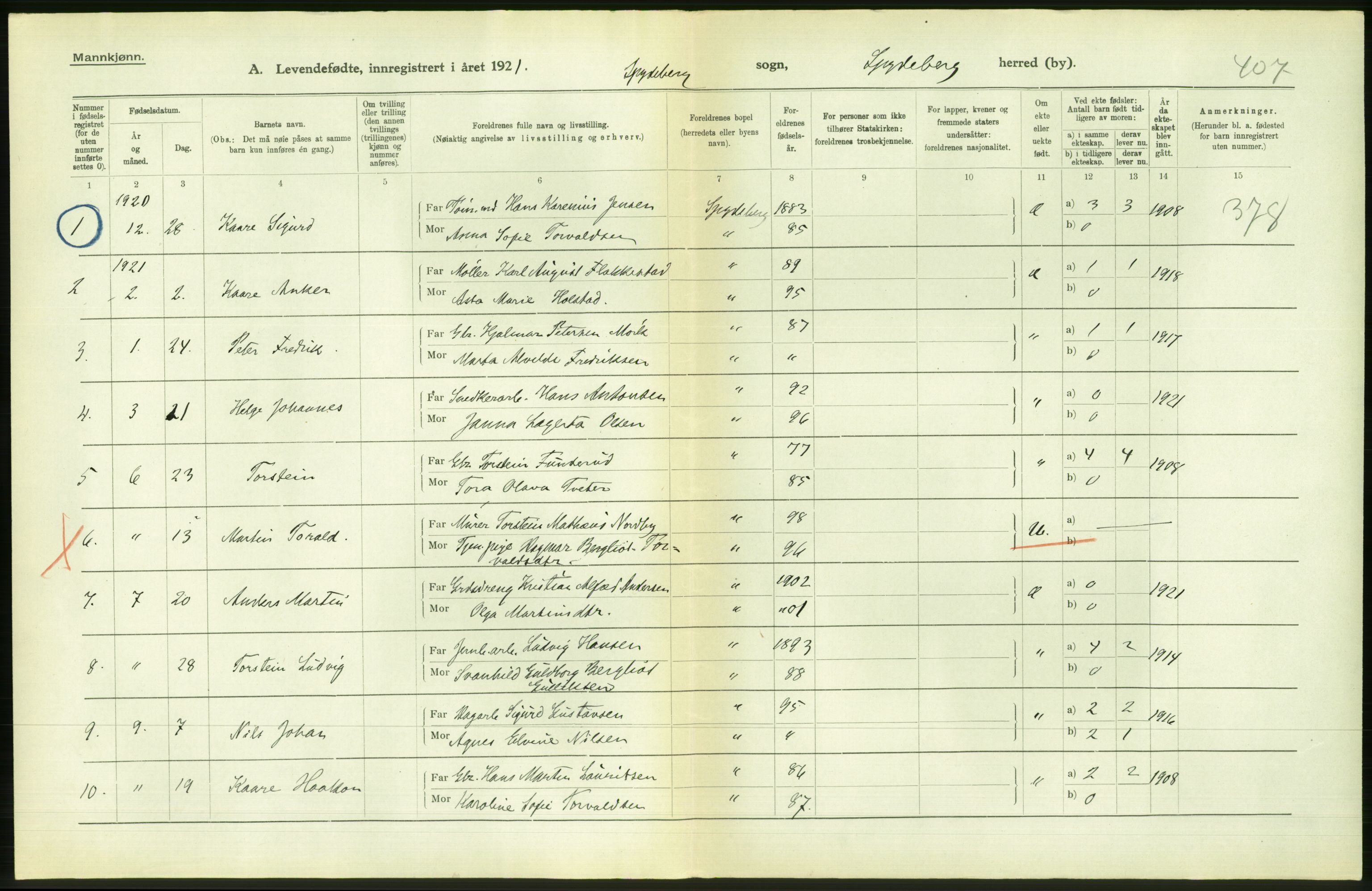 Statistisk sentralbyrå, Sosiodemografiske emner, Befolkning, AV/RA-S-2228/D/Df/Dfc/Dfca/L0001: Østfold fylke: Levendefødte menn og kvinner. Bygder., 1921, p. 32