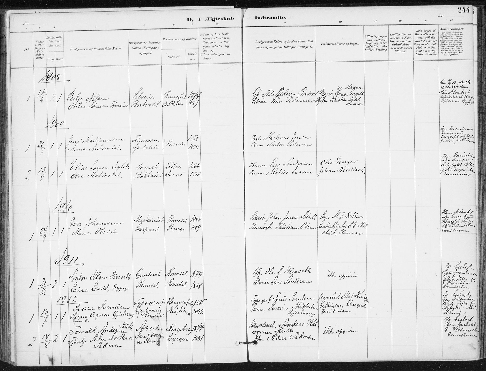 Romedal prestekontor, SAH/PREST-004/K/L0011: Parish register (official) no. 11, 1896-1912, p. 244
