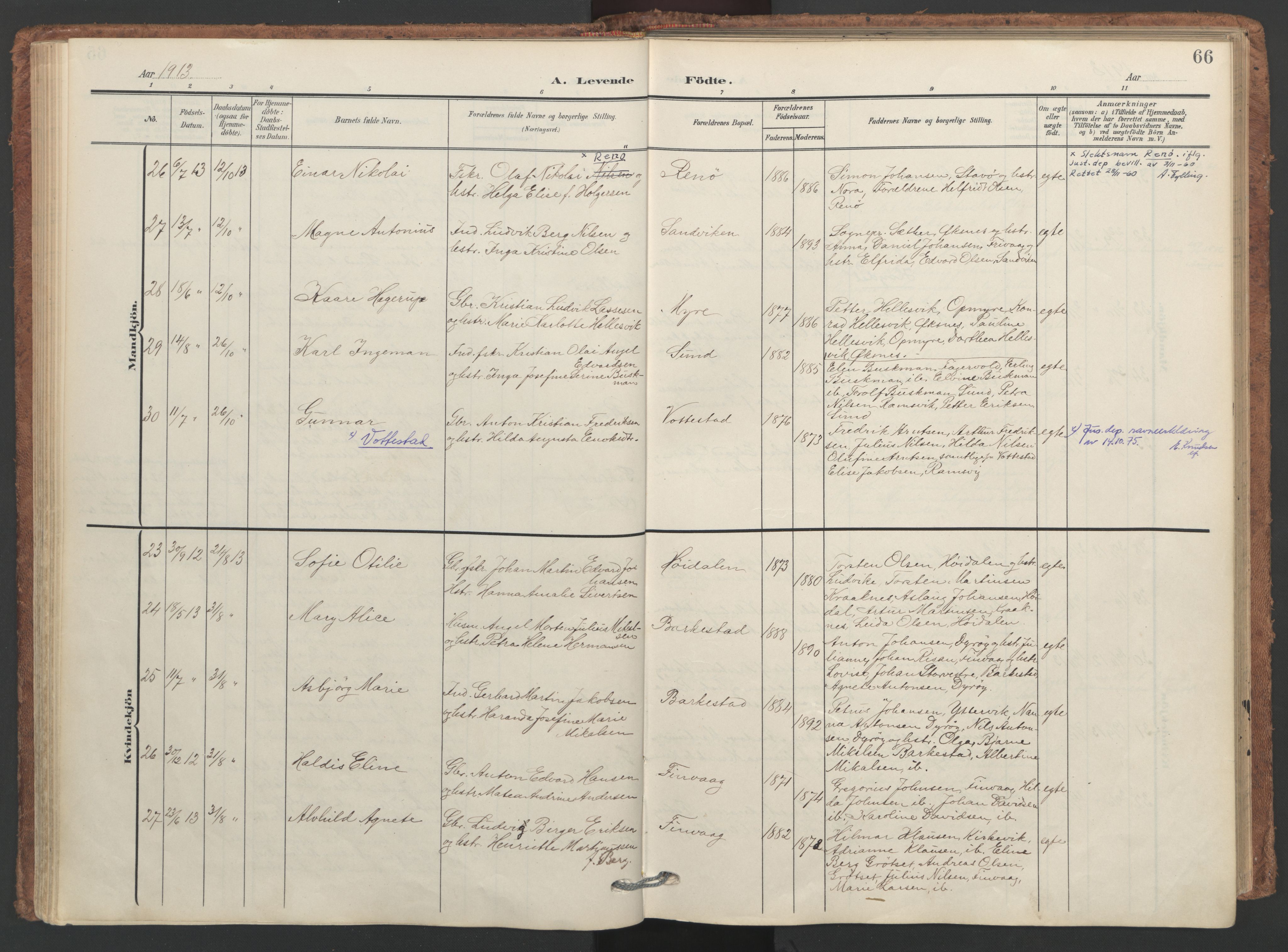 Ministerialprotokoller, klokkerbøker og fødselsregistre - Nordland, SAT/A-1459/893/L1339: Parish register (official) no. 893A11, 1904-1914, p. 66