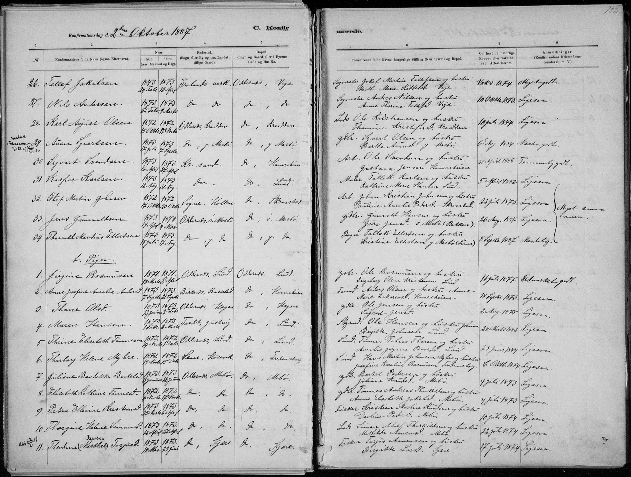 Oddernes sokneprestkontor, SAK/1111-0033/F/Fa/Faa/L0009: Parish register (official) no. A 9, 1884-1896, p. 152