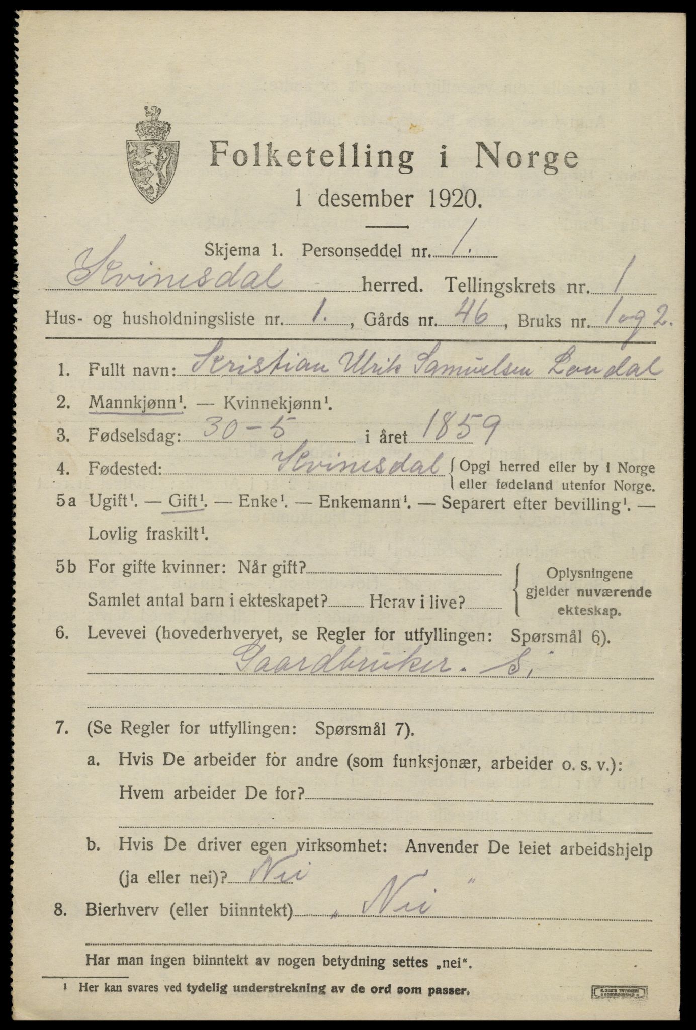 SAK, 1920 census for Kvinesdal, 1920, p. 1351