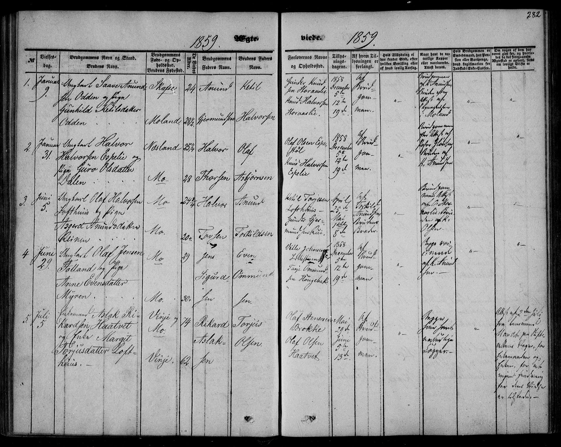 Mo kirkebøker, SAKO/A-286/F/Fa/L0005: Parish register (official) no. I 5, 1844-1864, p. 282