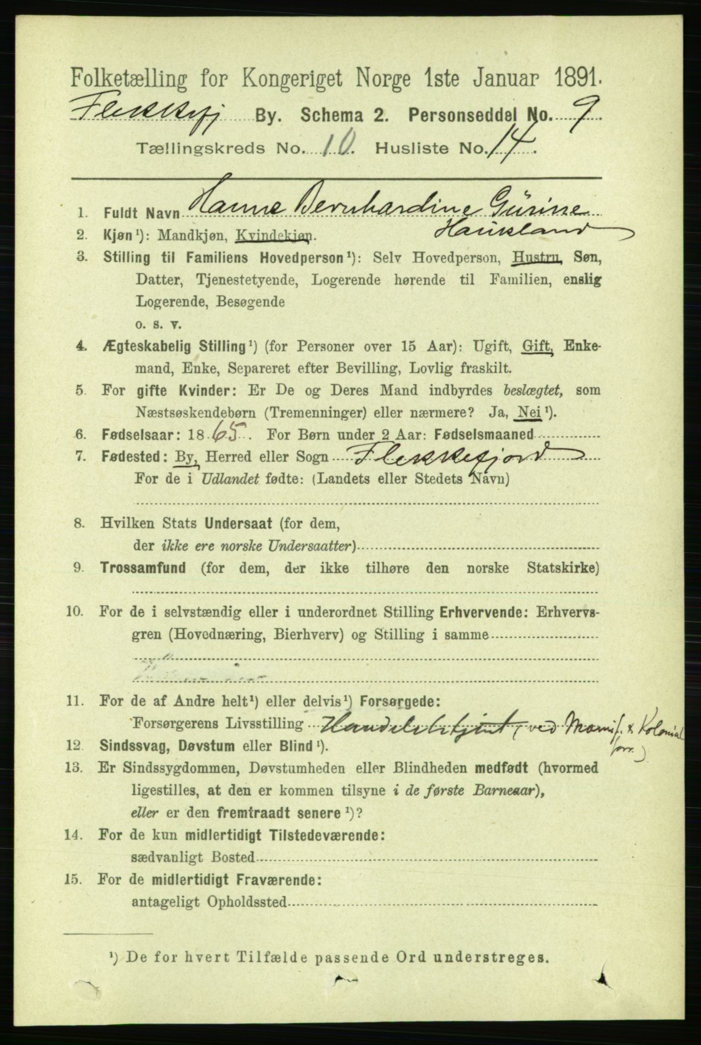 RA, 1891 census for 1004 Flekkefjord, 1891, p. 1621