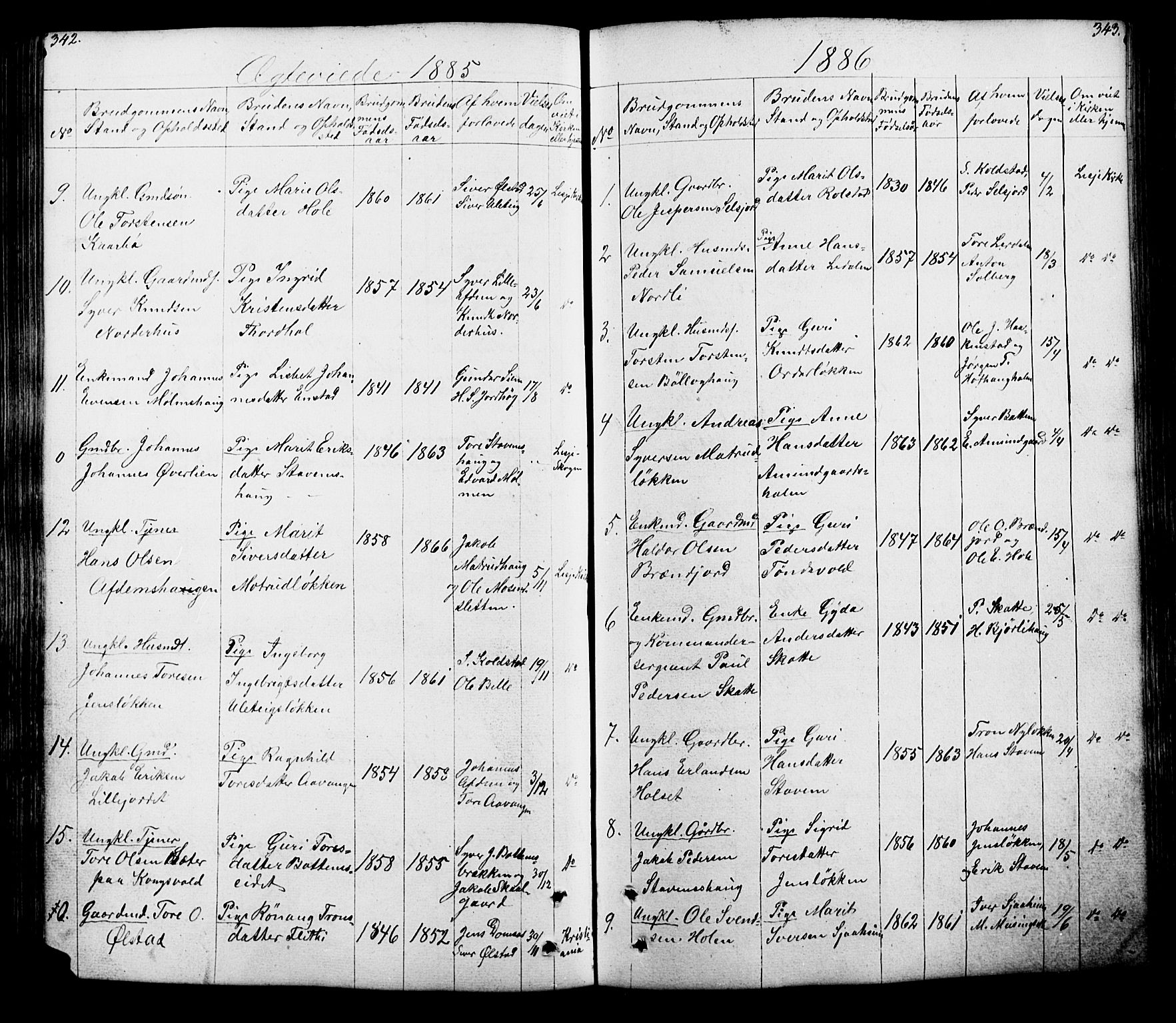 Lesja prestekontor, SAH/PREST-068/H/Ha/Hab/L0005: Parish register (copy) no. 5, 1850-1894, p. 342-343